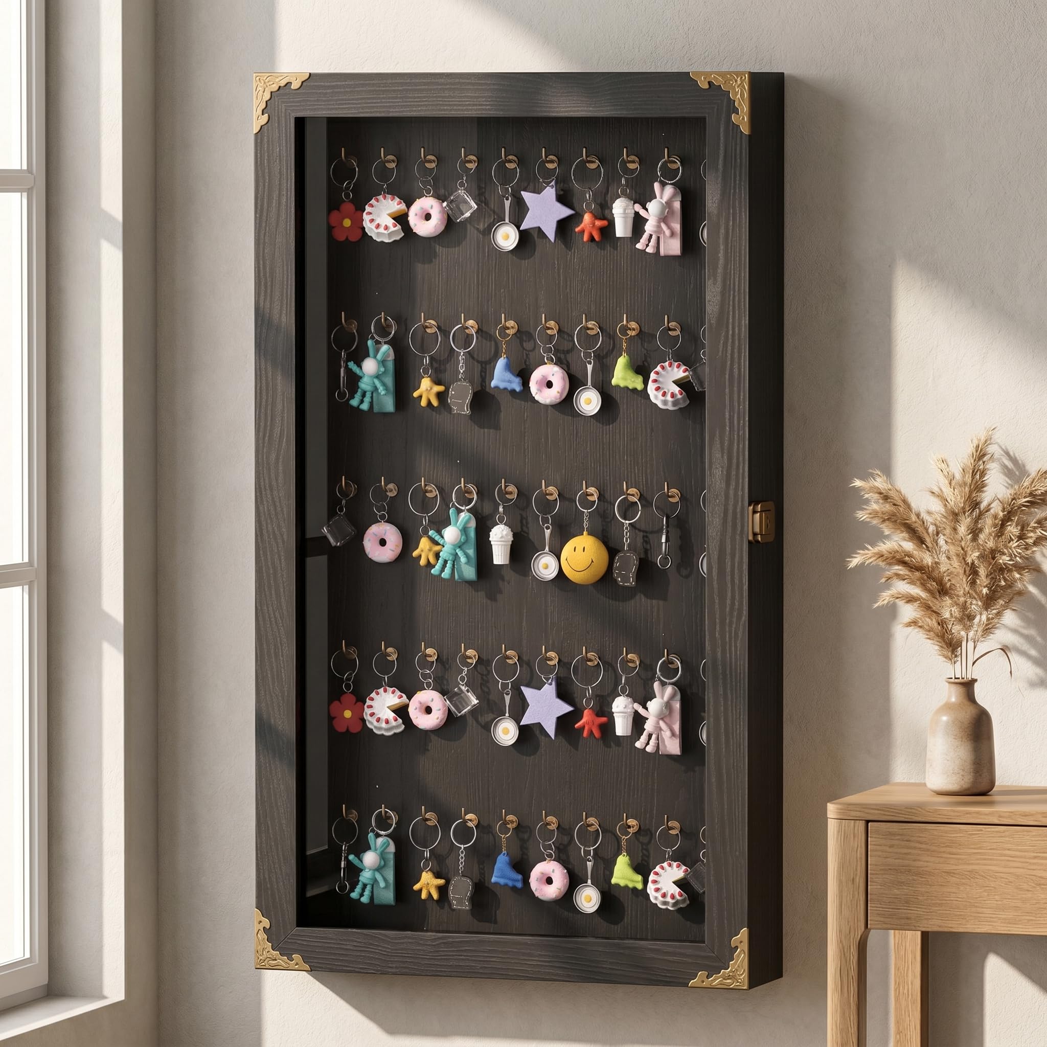 Señuélos de pesca organizados en vitrina de pared tonchean negra de 62cm