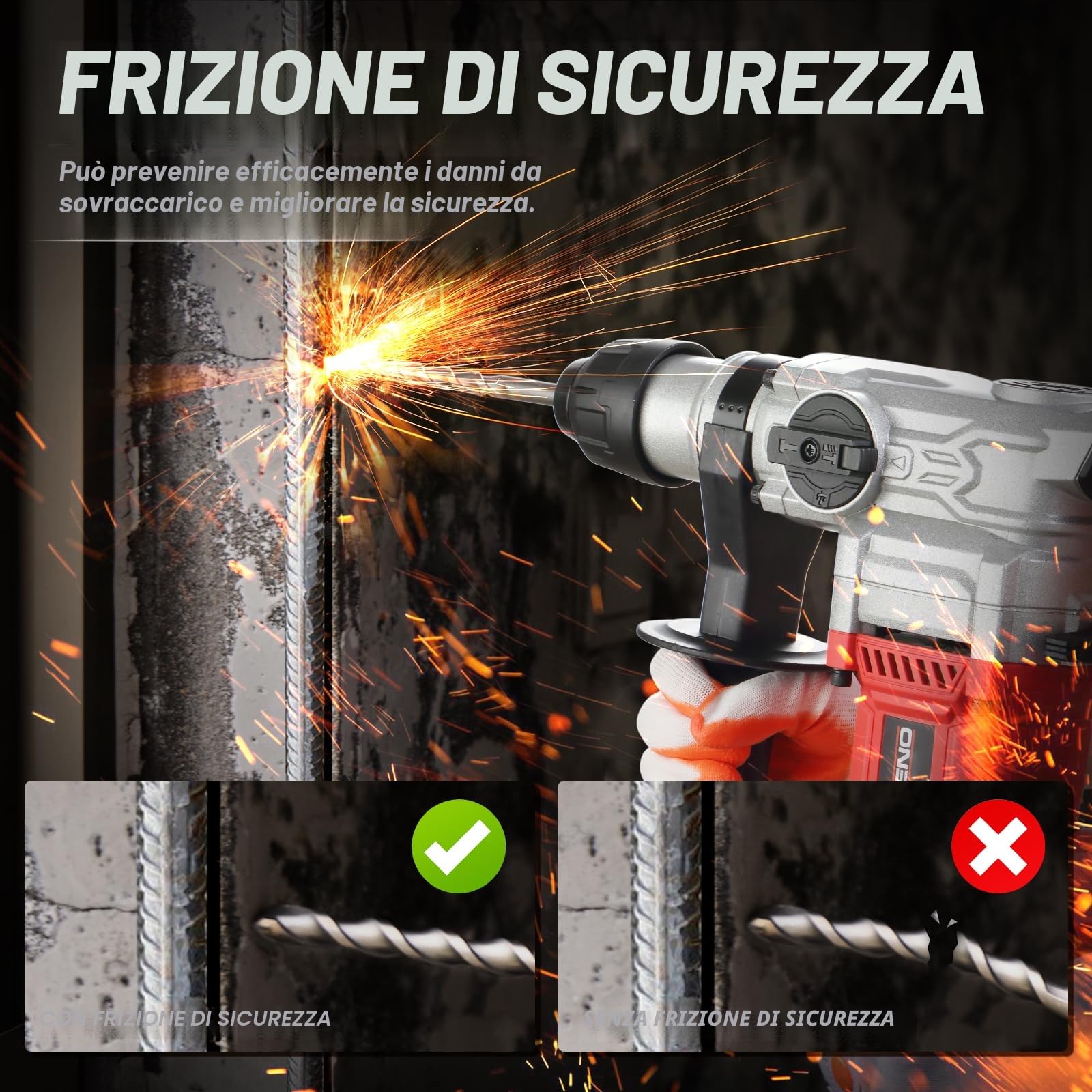 TEENO Martello Demolitore SDS-Plus 1500W, Martello Perforatore 7J, 4 Modalità, 1000RPM, 4500BPM, Cavo da 2 Metri, Frizione di Sicurezza e Tecnologia Antivibrante