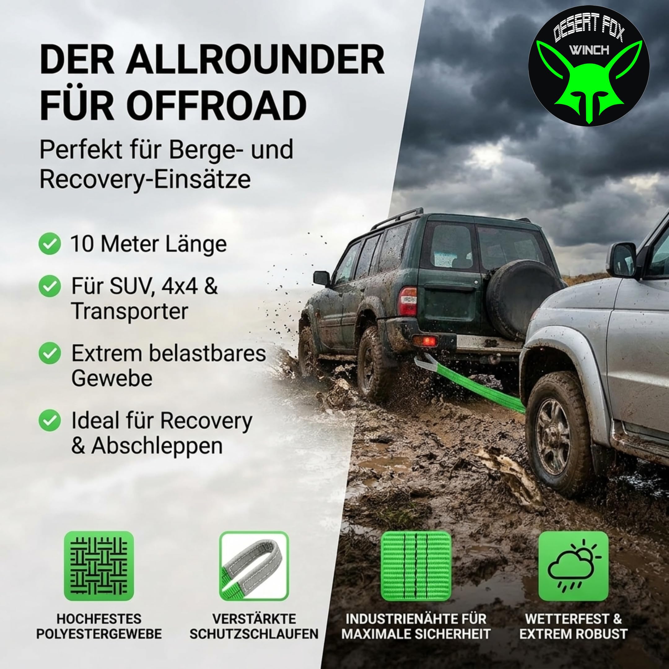 Bergegurt – Robuster 10m Baumgurt & Abschlepp-Seil, 14t Bruchlast – Ideal für Offroad, Recovery, Jagd, Forst und Baugewerbe nach EN 1492-1