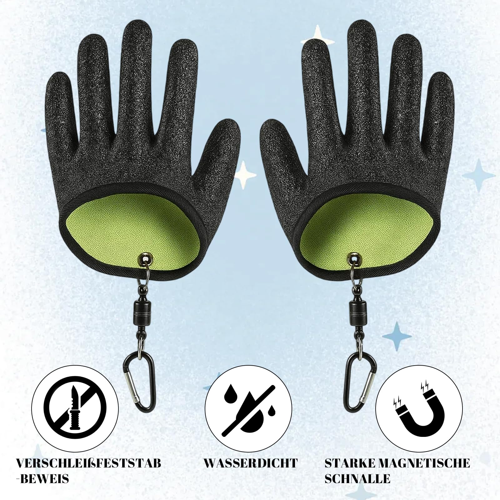 Angelhandschuhe, Landehandschuh Hecht, 1 Paar Handschuhe mit 2 Magnetischen Haken Angelzubehör, Angel Handschnuhe, Wasserdicht, Bissfest und Rutschschutz für Hecht, Zander, Wels, Raubfische