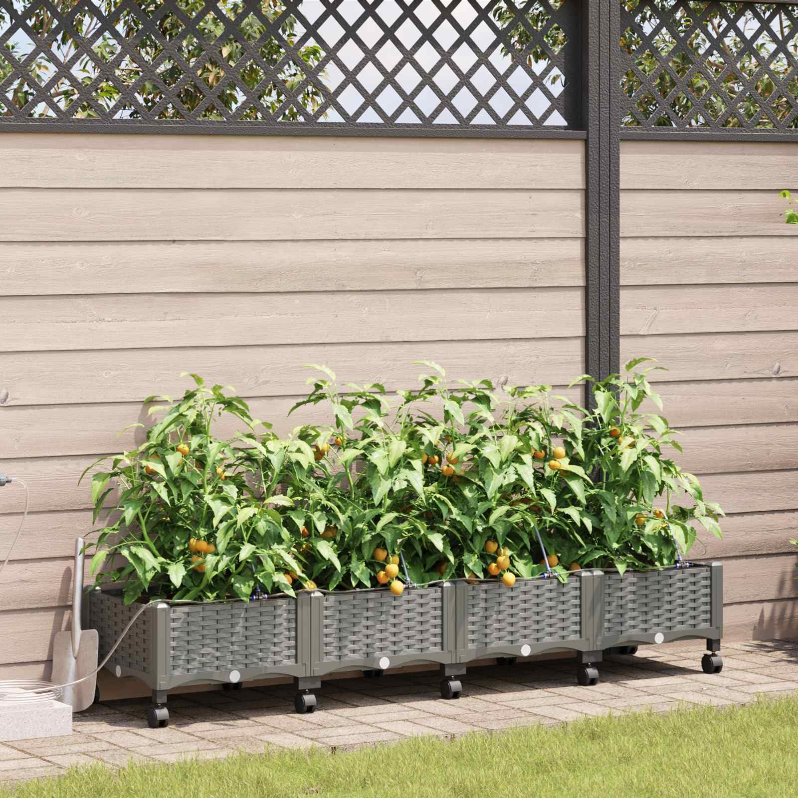Set di 4 fioriere da giardino con ruote e irrigazione, grigio chiaro | Set di aiuole mobili per giardino e terrazza con sistema di irrigazione automatico e robuste fioriere in polipropilene.