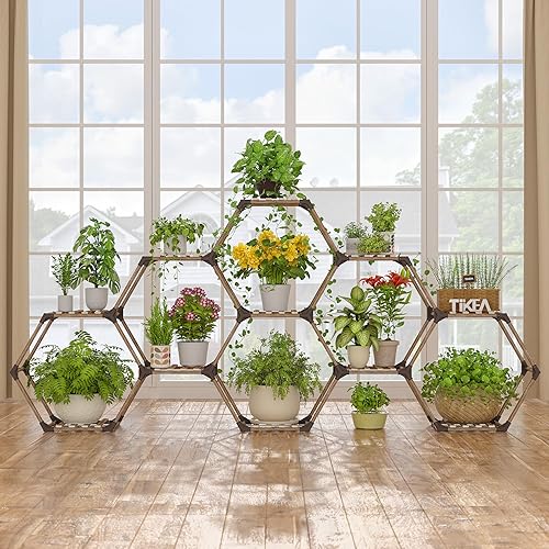 Miniatura 9 de Tikea Soporte hexagonal para plantas de interior y exterior, para plantas suculentas, plantas pequeñas, estante de madera para plantas de 7 niveles,
