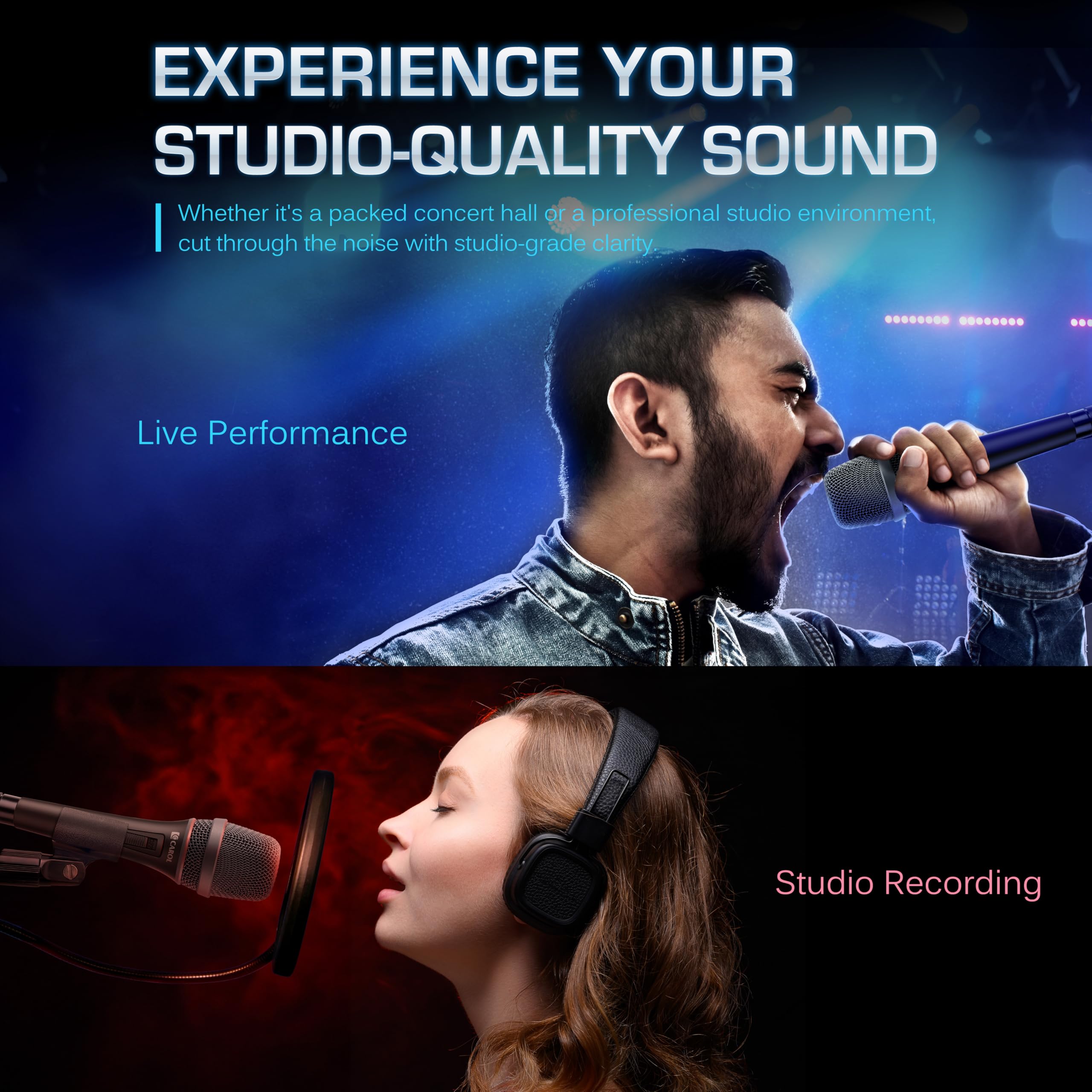 Carol Micrófono dinámico Vocal con supercardiodo unidireccional, la Mejor opción para Rendimiento en Escenario en Vivo, tecnología AHNC, PS-1 Negro (AC900S)