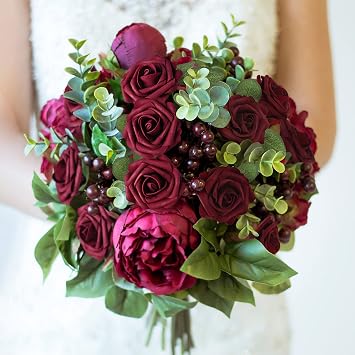 Mocoosy 50Pcs Artificial Flowers Rose, Burgundy Fake Roses for Decorations, Real Touch Foam Rose Bulk with Stems for DIY Wedding Bouquets Bridal Shower Centerpieces Party Home Decor