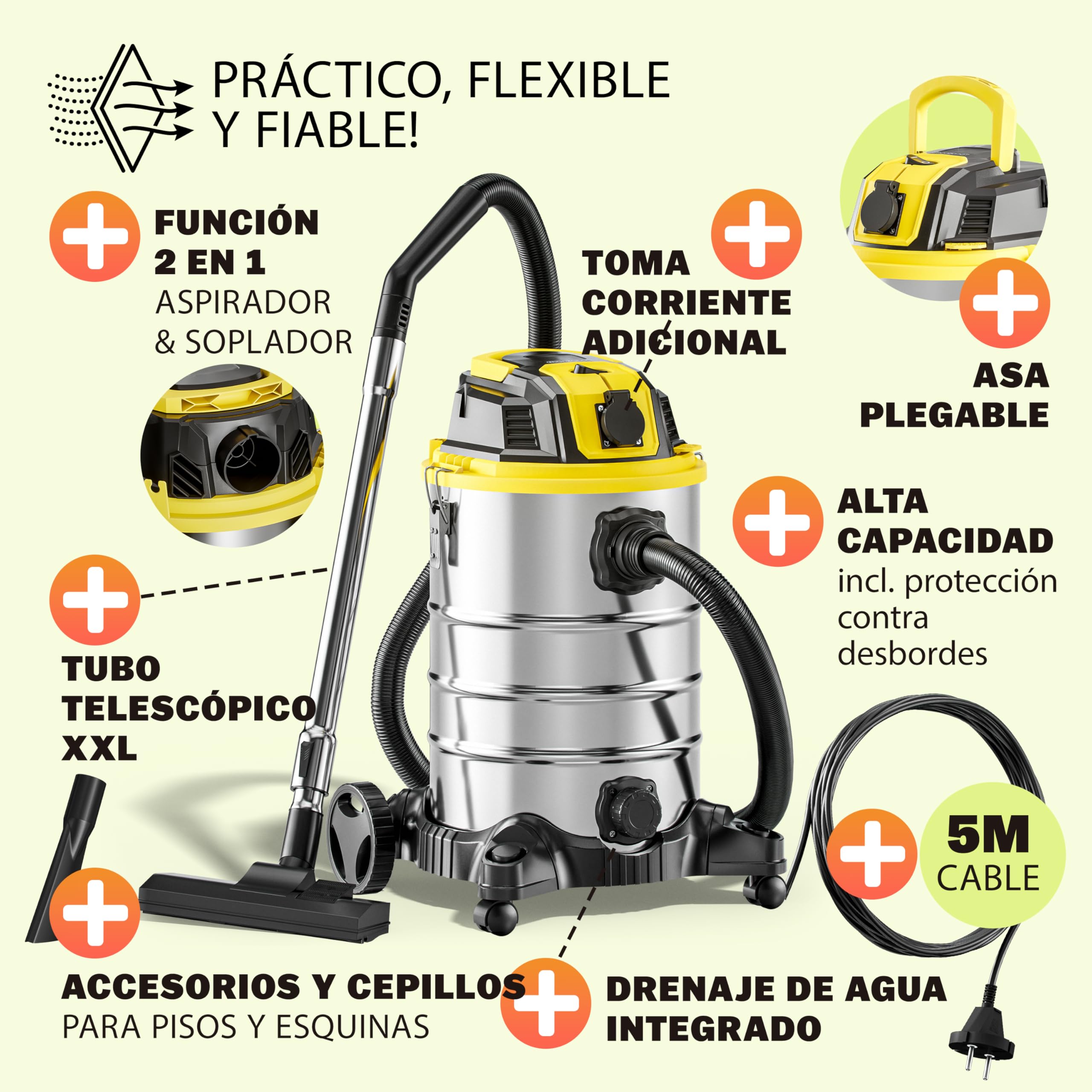 Monzana Aspirador Seco y Húmedo 2200W 30L Industrial Cable 5m Soplador Acero Inoxidable