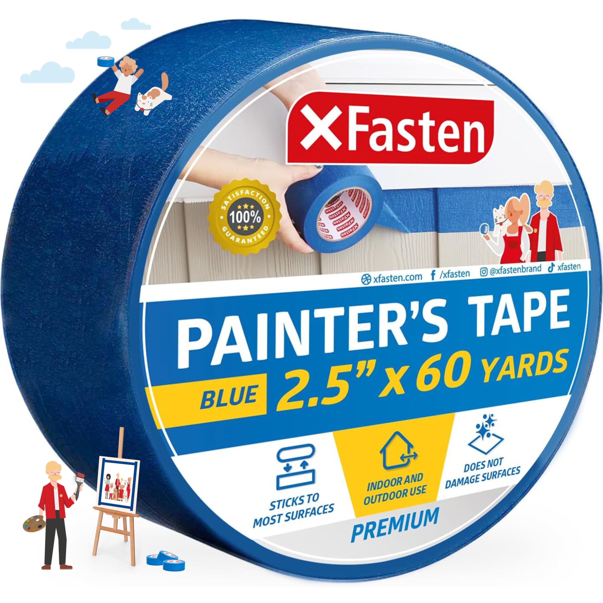 XFasten Professional Blue Painters Tape 2.5-Inches x 60-Yards (Single Pack) Blue Painters Masking Tape Bulk - Sharp Edge Line Technology, Produces Sharp Lines | Residue-Free Wall Trim Tape