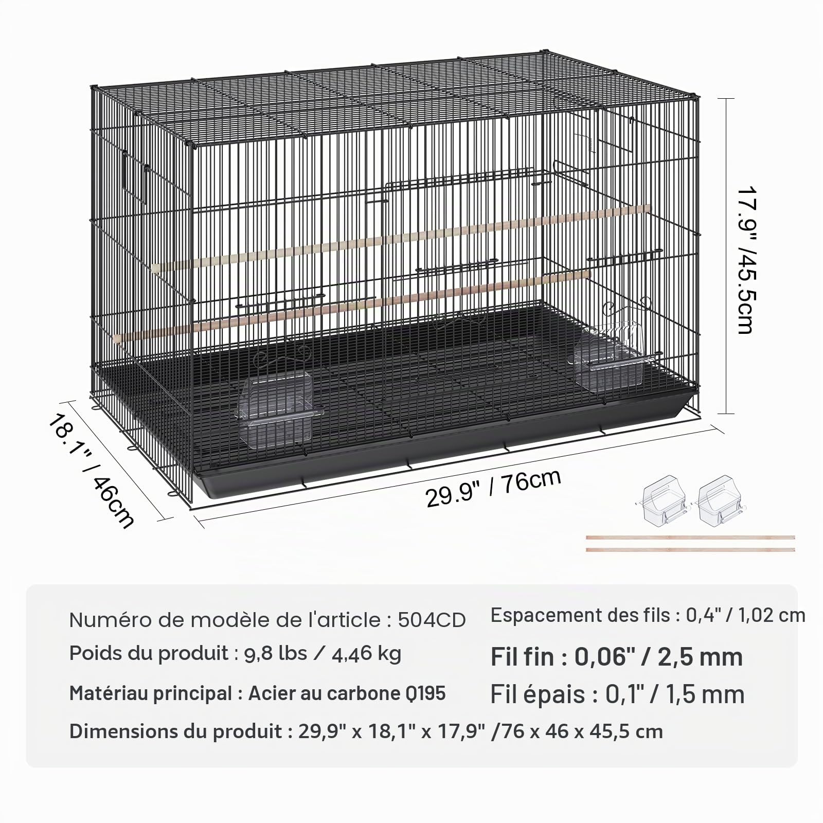 VEVOR Cage à Oiseau 76x46x45,5 cm Métal Portable Poignée Latérale Porte Sécurisée Plateau Détachable Perchoirs Mangeoires pour Perruches Calopsittes Perroquets