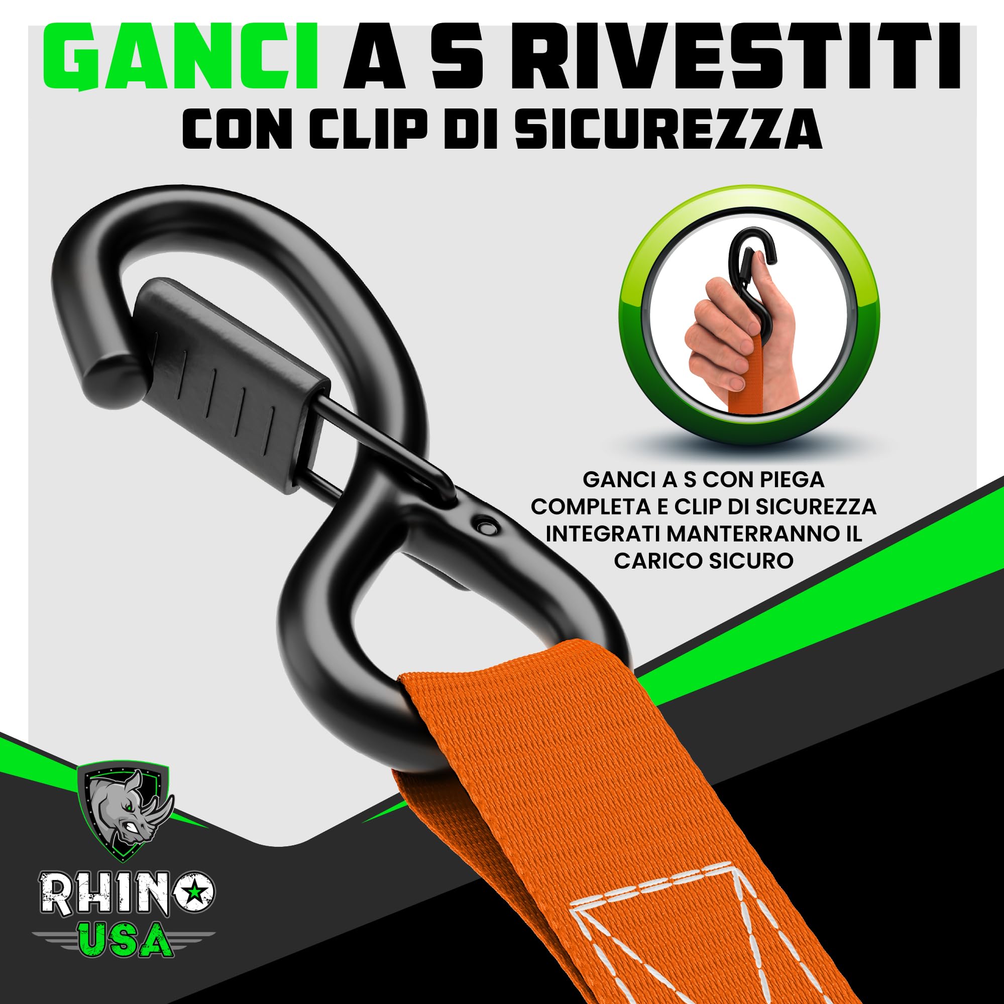 Cinghie A Cricchetto Rhino USA (4-Pack) - 2.5 Cm X 4.6 M, 800 Kg Carico, Ganci A S - Per Trasporto