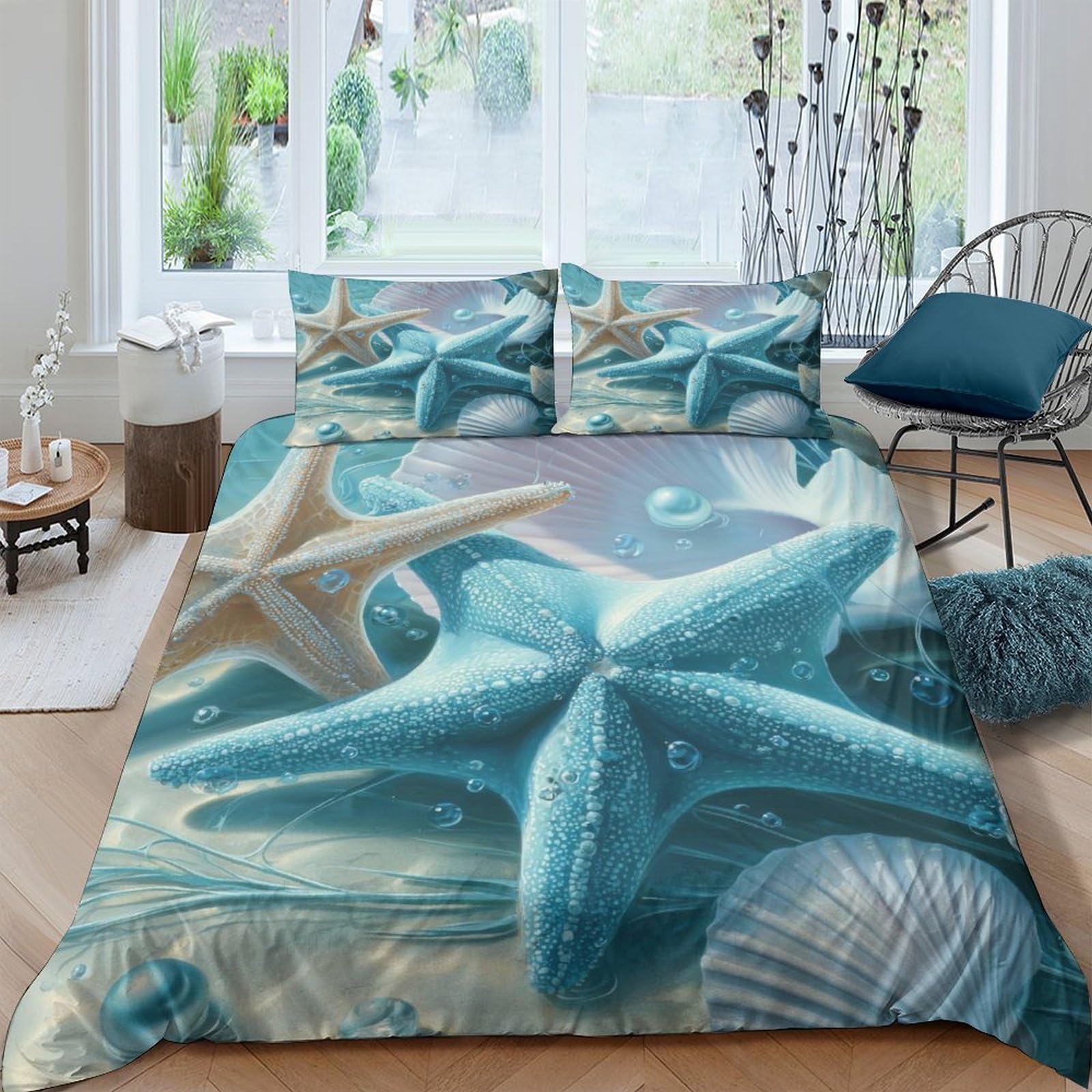 GPLZQXKJNH 3D Printed Starfish Ocean Duvet Cover Microfiber Soft Blue Seashell Bedding Set with 2 Pillowcases for Bedroom Decor Single（135x200cm）