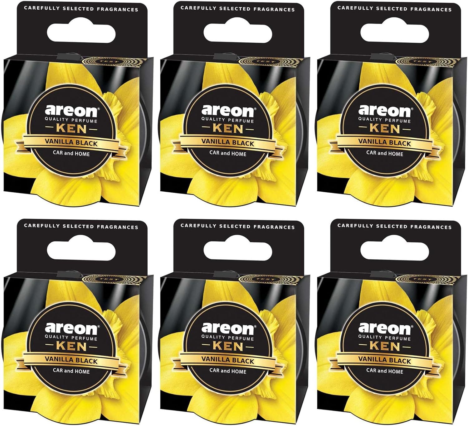 AREON Ken Auto Luchtverfrisser Vanille Zwart Zoete geur Home Tin Kan Mini Top Up Verstelbare Geventileerde Deksel 3D Multi Pack Set van 6