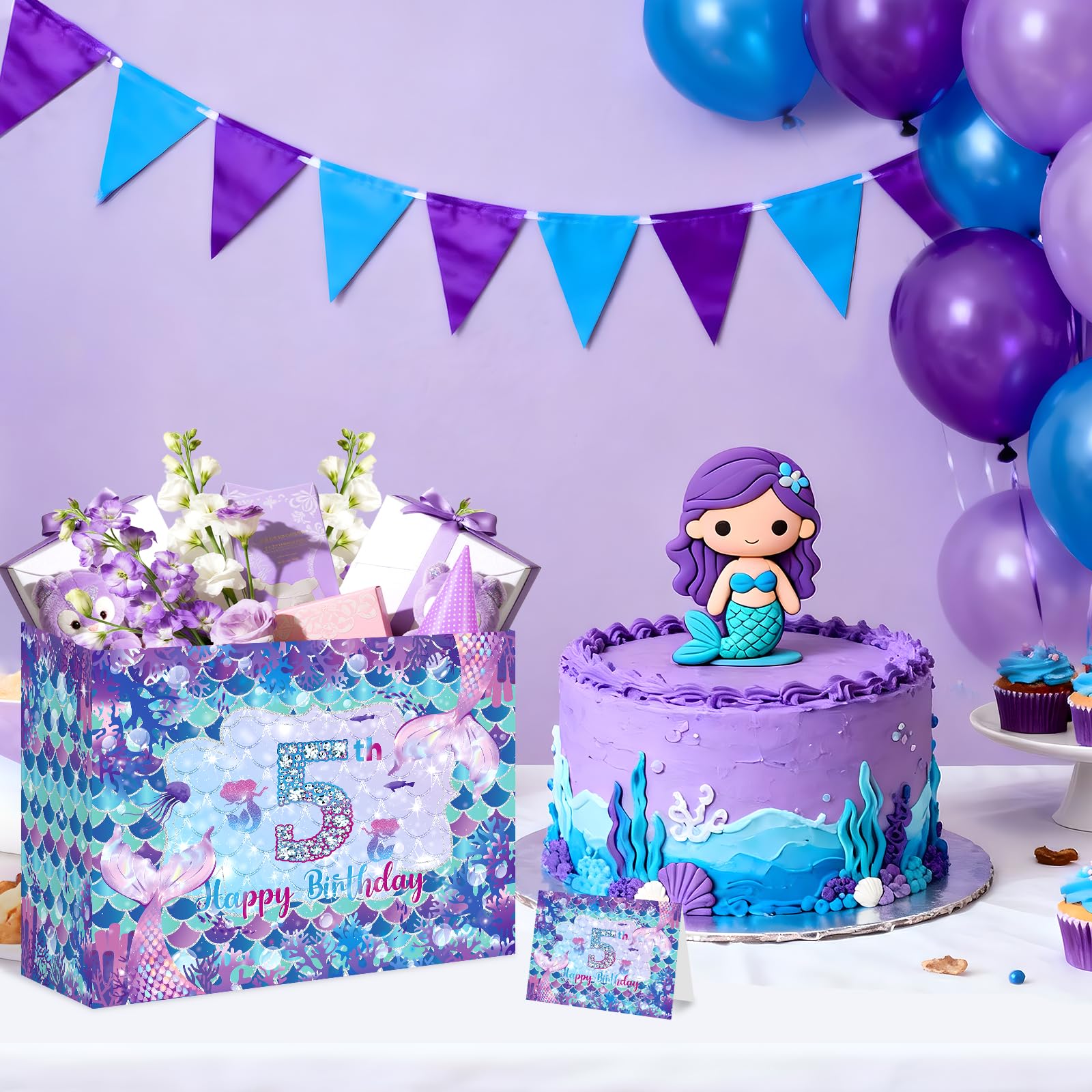 LUUFILx 5th Mermaid Birthday Gift Bag for Girls 5th Purple Mermaid Theme Birthday Wrapping Paper with Tissue Paper Greeting Card Purple Gift Bags with Ribbon Handle for Baby Shower Decor Supplies