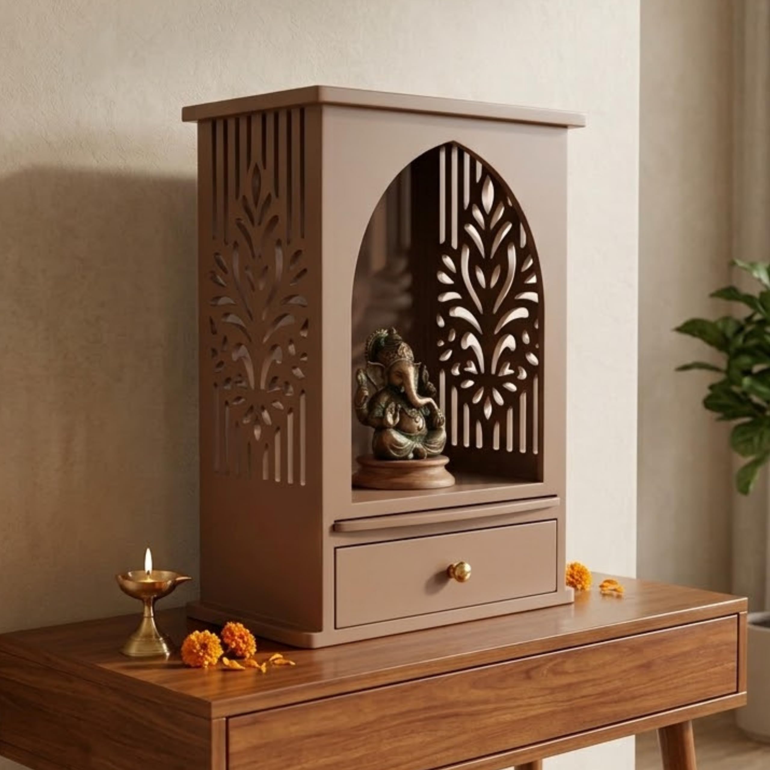 Home Sparkle Wooden Temple for Home | Premium MDF Pooja Mandir with Paint Finish | Modern Tabletop Mandir with Storage Drawer, CNC Cut Jali Design & Spacious Prayer Shelf | Pale Brown-image-7