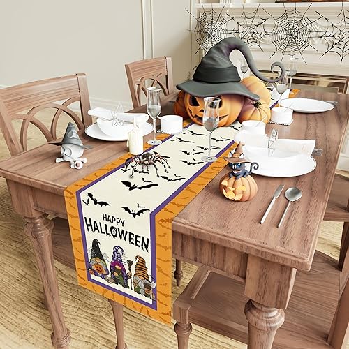 Miniatura 3 de Camino de mesa de gnomo de Halloween, decoración de mesa de 13 x 120 pulgadas de largo, arpillera para el hogar, cocina, comedor, cena, interior,