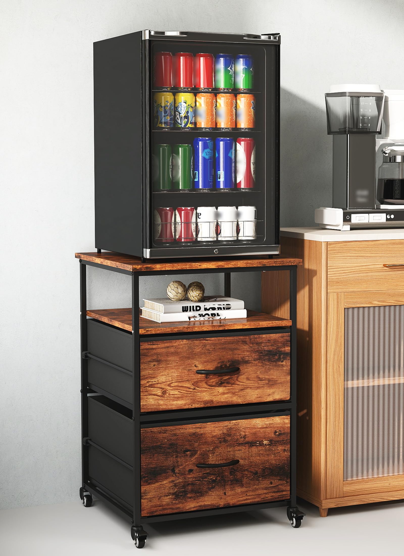yeshine Mobile Mini Fridge Stand with Storage, Heavy Duty Metal Frame, Fabric Drawers & Locking Castors, Easy Assembly Refrigerator Organizer Stand for Living Room, Kitchen & Dorm, Black