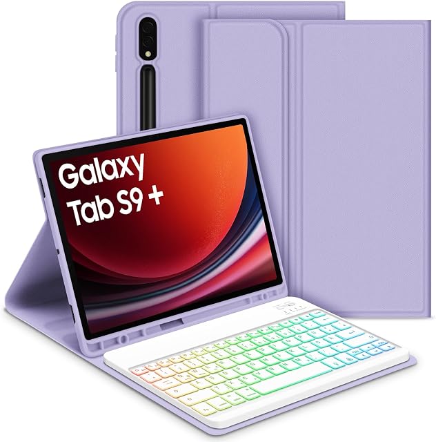 GOOJODOQ Podświetlana klawiatura etui do Samsung Galaxy Tab S9+/S9 Plus 12,4" 2023, QWERTZ zdejmowana podświetlana klawiatura z etui do Galaxy Tab S9+ 12,4" 2023 (SM-X810/X816/X818), fioletowe