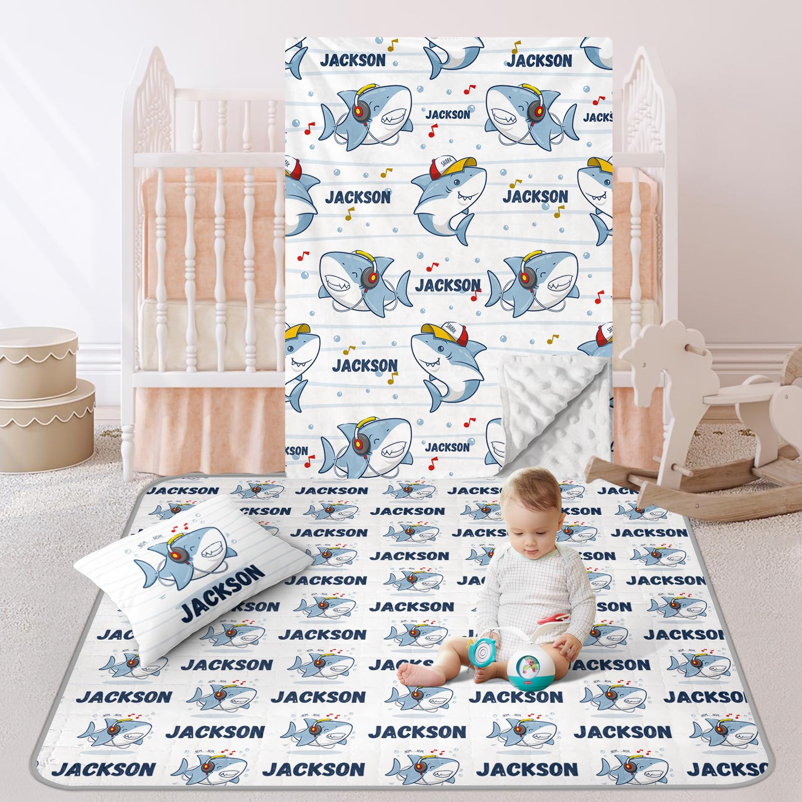 GRESATEK Personalized Baby Crib Bedding Set- Cotton 3 Piece Including Floor Mat, Double Layer Blanket, Pillow Cover- Nursery Crib Comforter Set- Birthday Gift for Toddler Baby Girl Boy White Shark