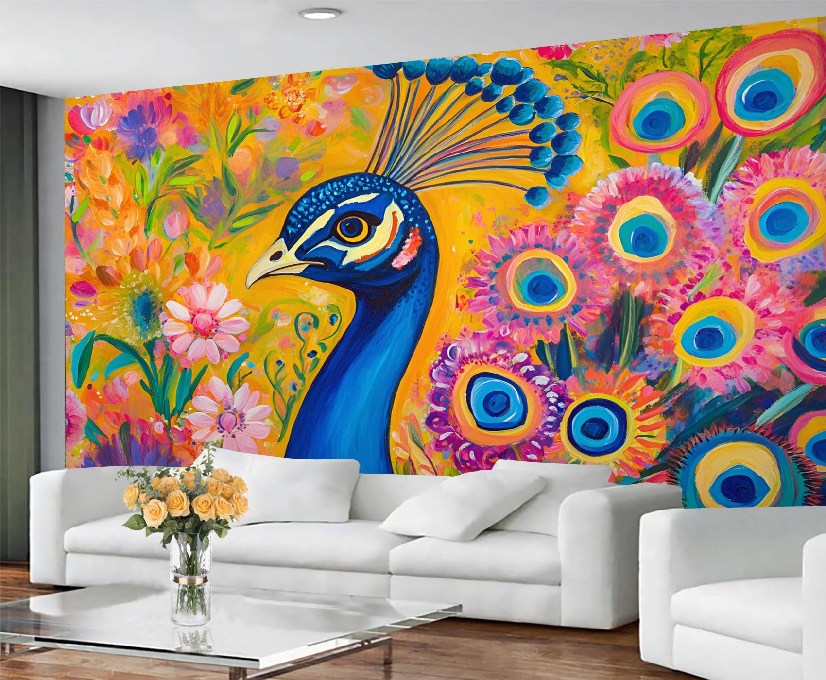 GIVLWF Colorful Peacock Wallpaper, Peacock Feather Self Adhesive Wallpaper for Living Room, Chic Animal Wall Paper for Bedroom, Chic Bird Wall Mural, Exotic Large Mural & Room Decor