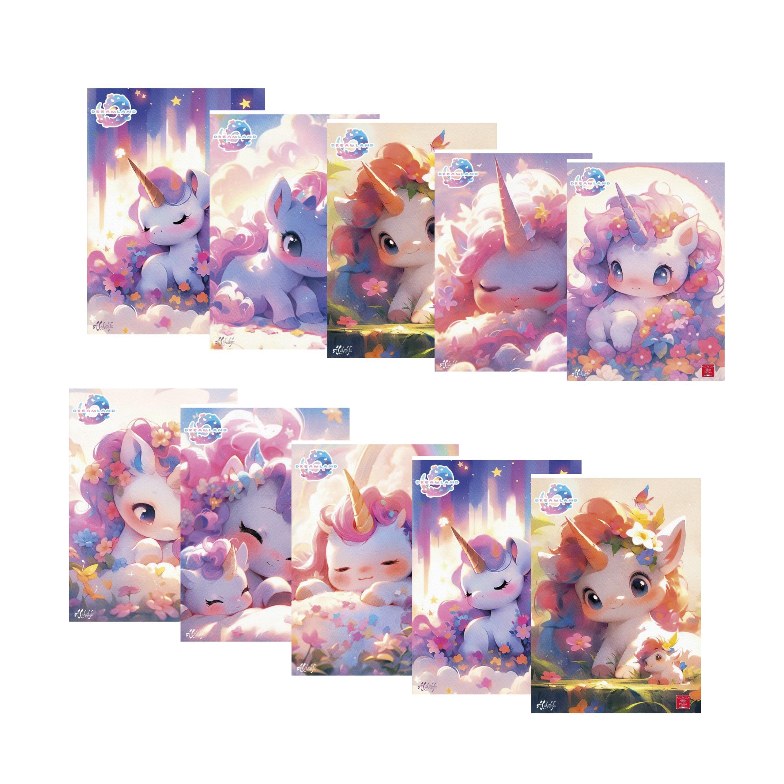 Pigna, Pack of 10 Maxi Notebooks A4, UNICORNS, Glitter Cover, Stripes with Margin