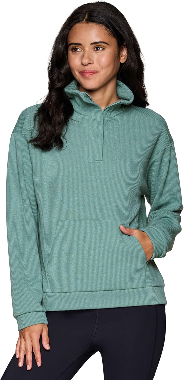 RBX Active Women’s 1/4 Zip Sweatshirt in Regular/Plus Sizes, Lightweight Soft Ribbed Ottoman Mock Neck Pullover with Pocket