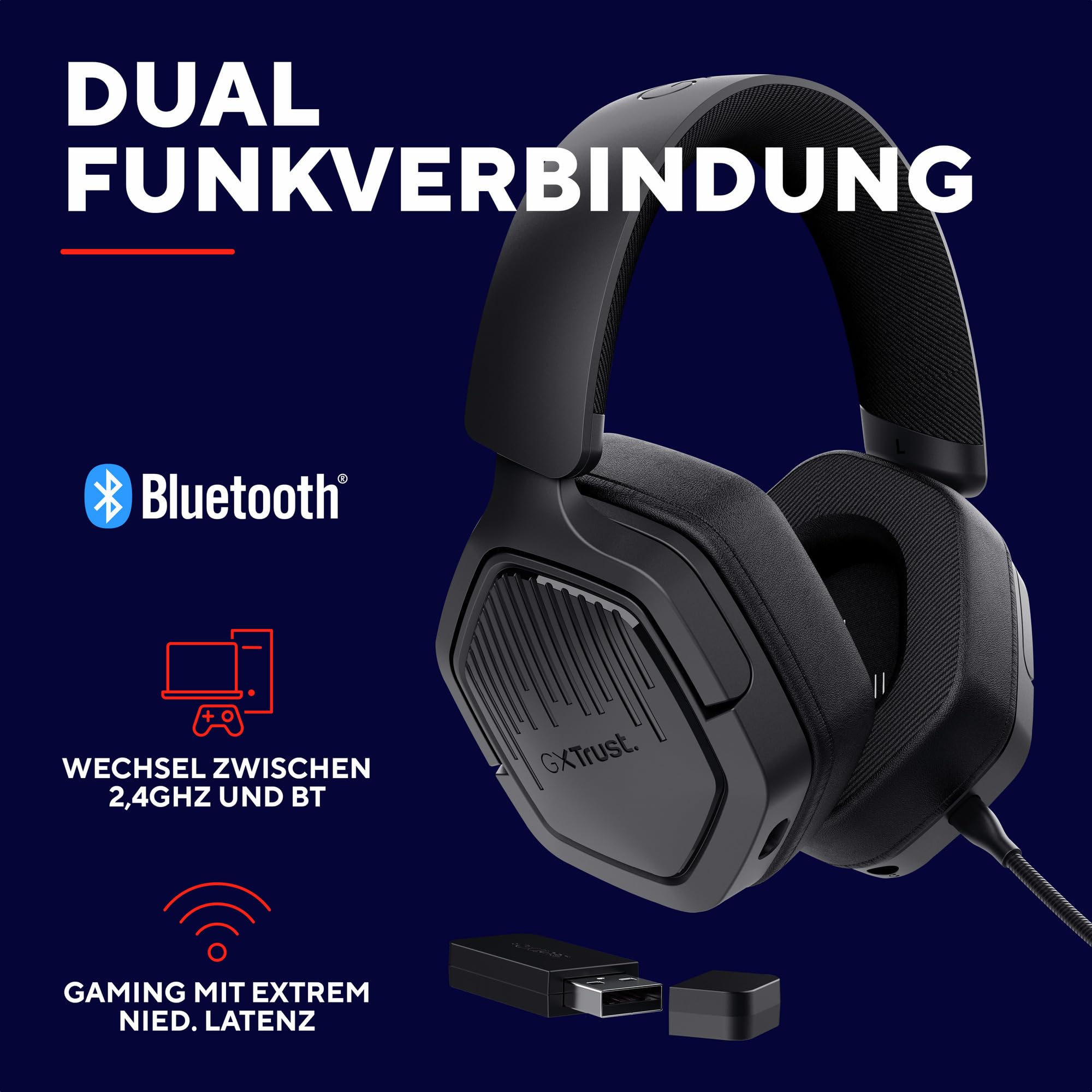 Trust GXT 1493 Ravox Gaming Headset Wireless Bluetooth + 2.4 GHz für PS5 PS4 Switch PC Xbox Mobile, 50mm Treiber, 70H Akkulaufzeit, Over-Ear Kopfhörer Kabellos Bluetooth mit Mikrofon, Schwarz