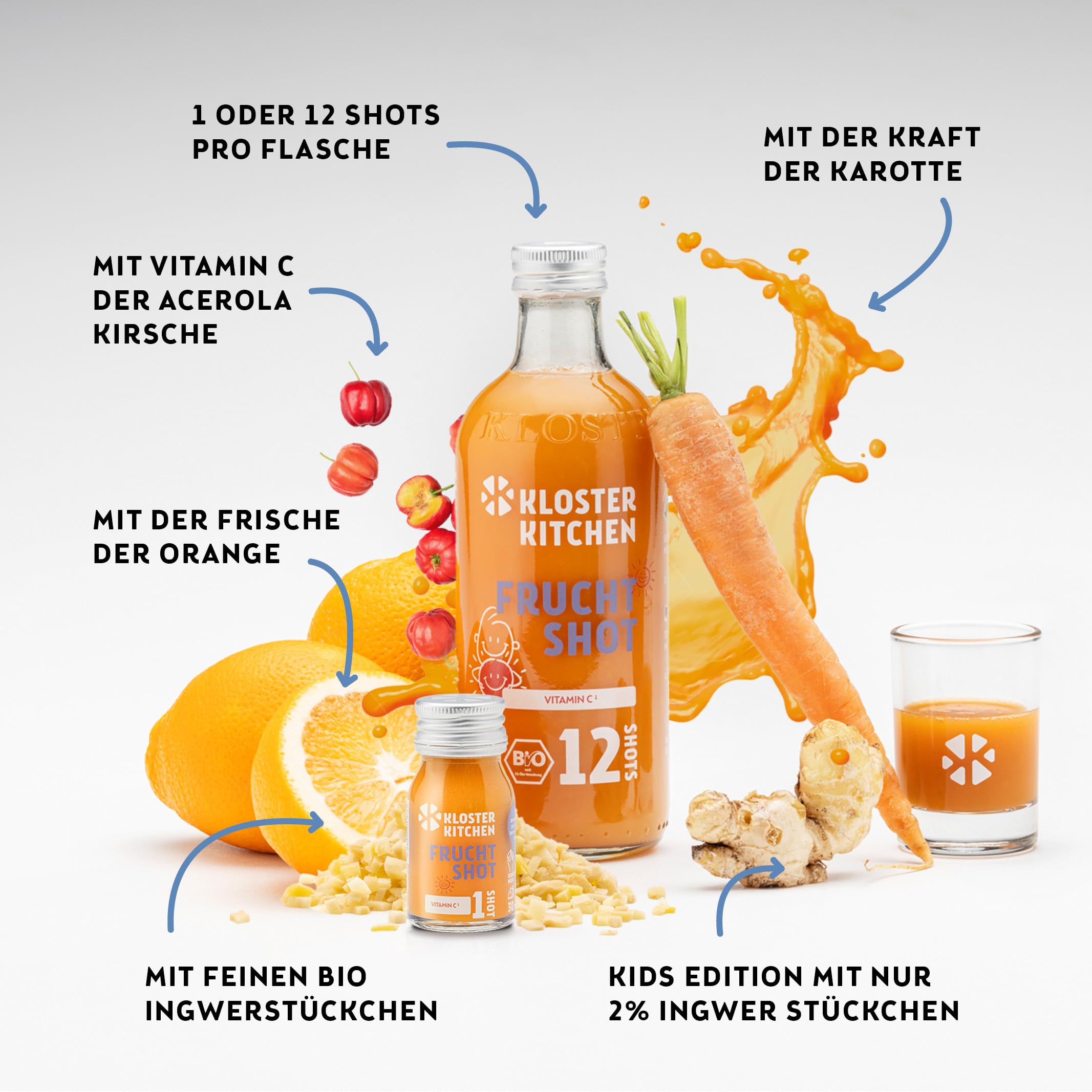 Kloster Kitchen zenzero biologico per bambini 1SHOT 28 x 30 ml con veri pezzi di zenzero I zenzero vegano in bottiglia di vetro da asporto I fruttato-morbido senza additivi e con dolcezza naturale