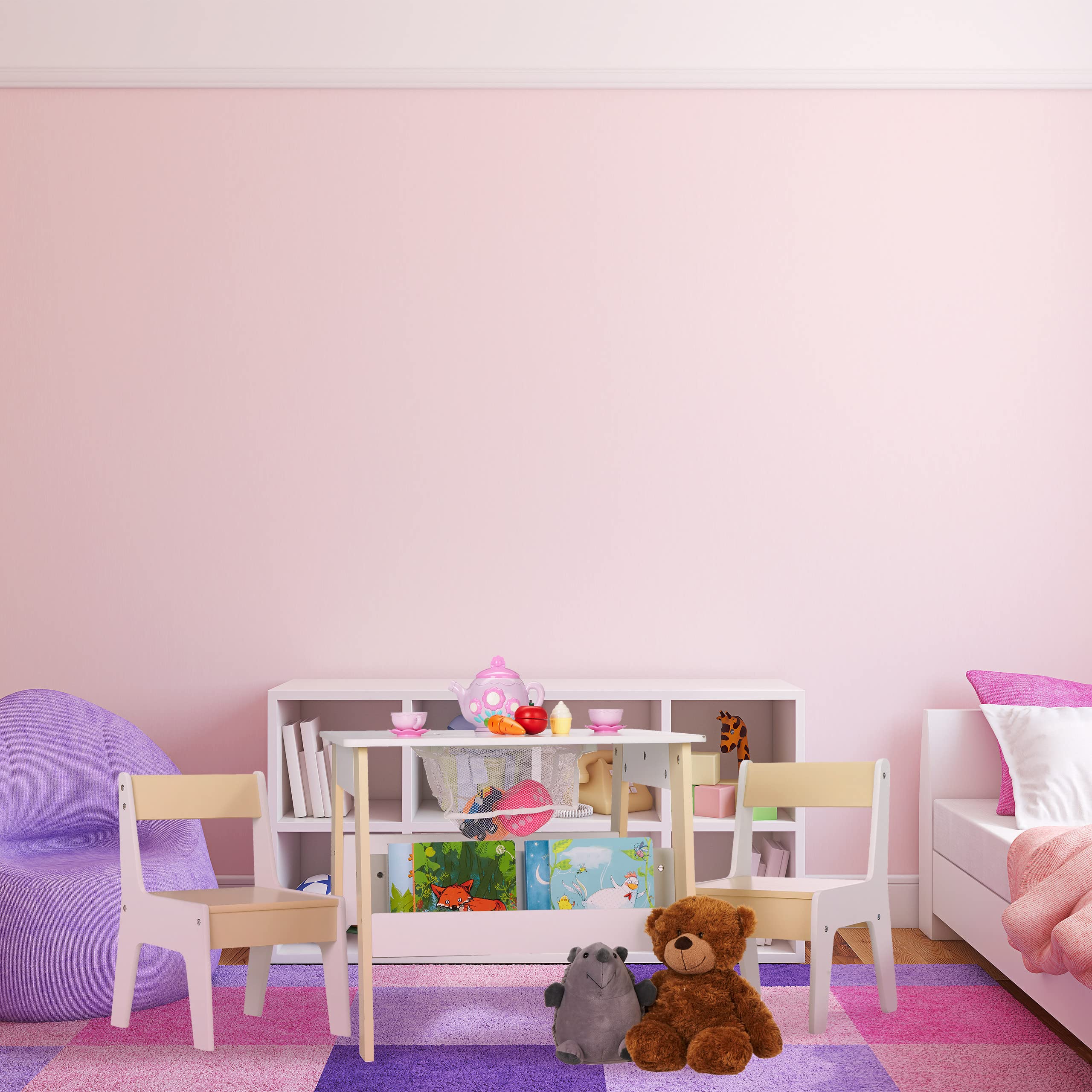 Relaxdays Ensemble mobilier Enfants, Table, 2 chaises, rangements, Mixte, Coin Salon Chambre d'enfant, Blanc-Beige