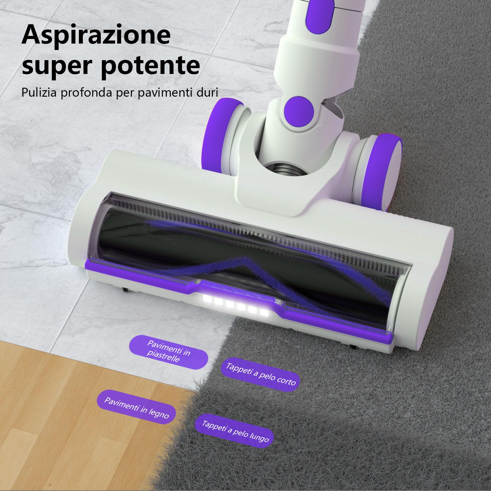 Vozascly 550W/45KPA Aspirapolvere Senza Fili Scopa Elettrica Senza Fili con Display Intelligente e Anti-Avvolgimento Scope Elettriche per Pavimenti Tappeti Peli Animali Domestici