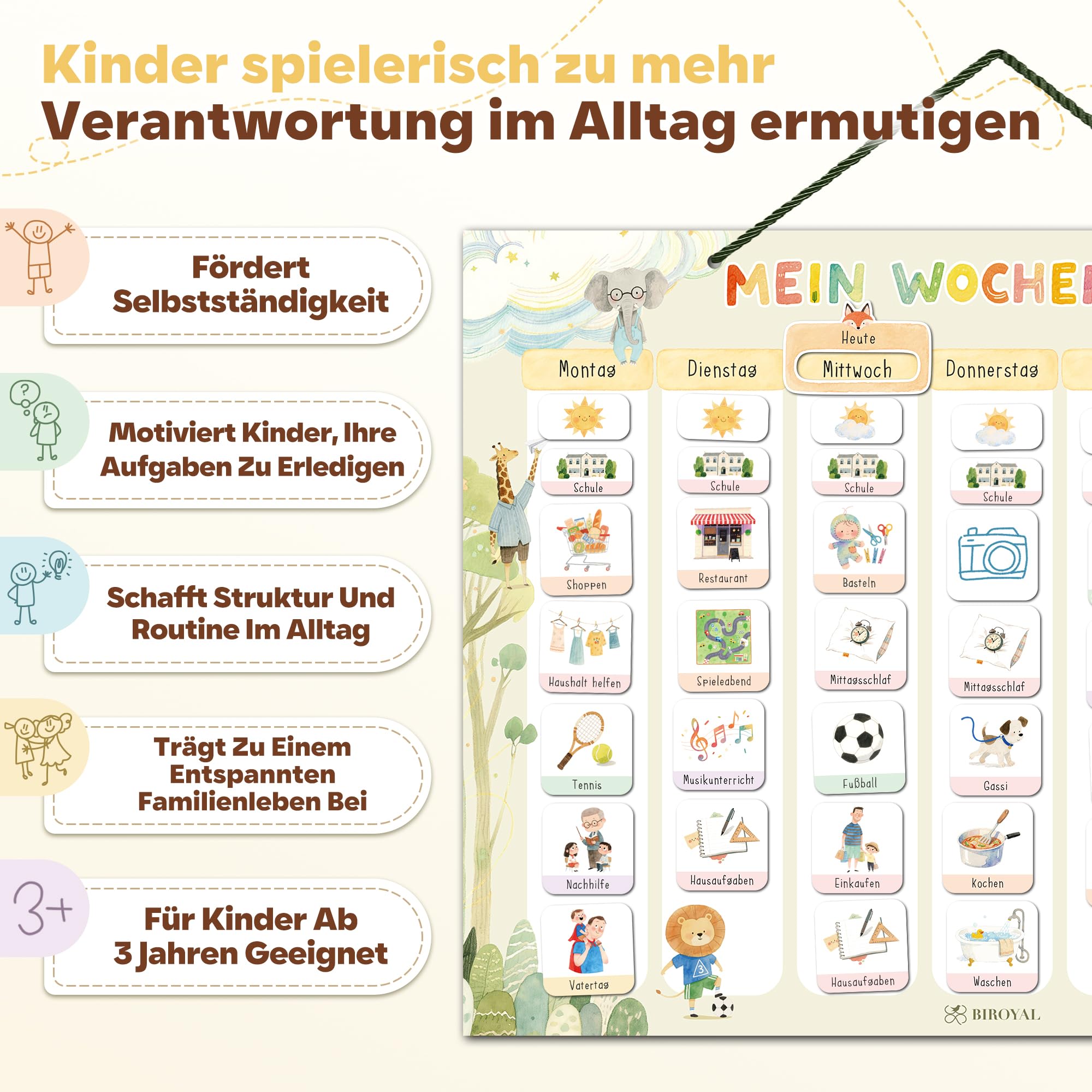 BIROYAL Wochenplaner für Kinder | Montessori Magnettafel inkl. 186 Magnete & Kordel | Kalender beschreib & abwischbar | magnetisches Lernspielzeug auf Deutsch für Kinder