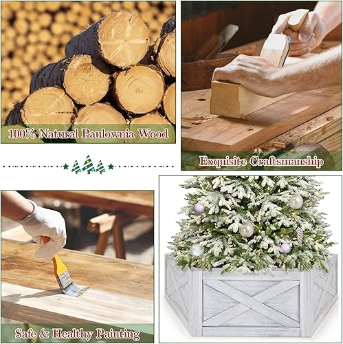 Miniatura 4 de Yoochee Caja de collar de árbol de madera blanca lavada cubierta de soporte para árbol de Navidad caja de falda cuadrada plegable para árbol de