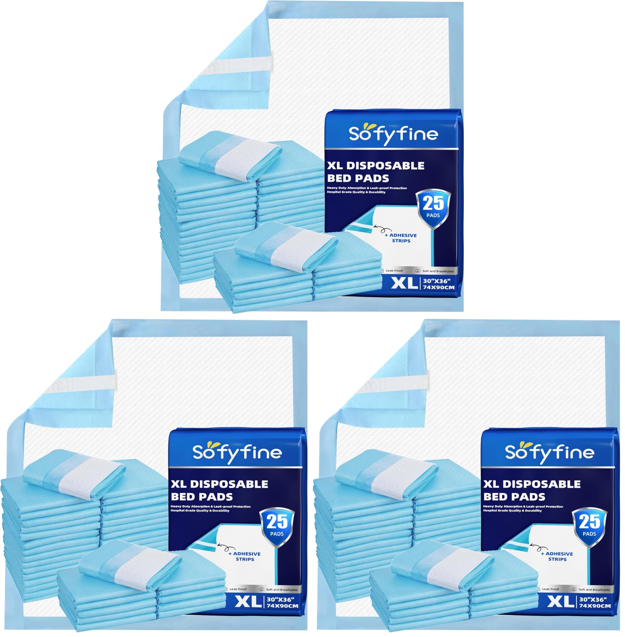 SOFYFINE Bed Pads with Adhesive Strip 30"x36" Thicken Elderly Adults Incontinence Underpads Disposable,Heavy Duty Absorbent Chucks Waterproof,XL Extra Large Puppy Pee Training Pad[25 Pads] (Pack of 3)