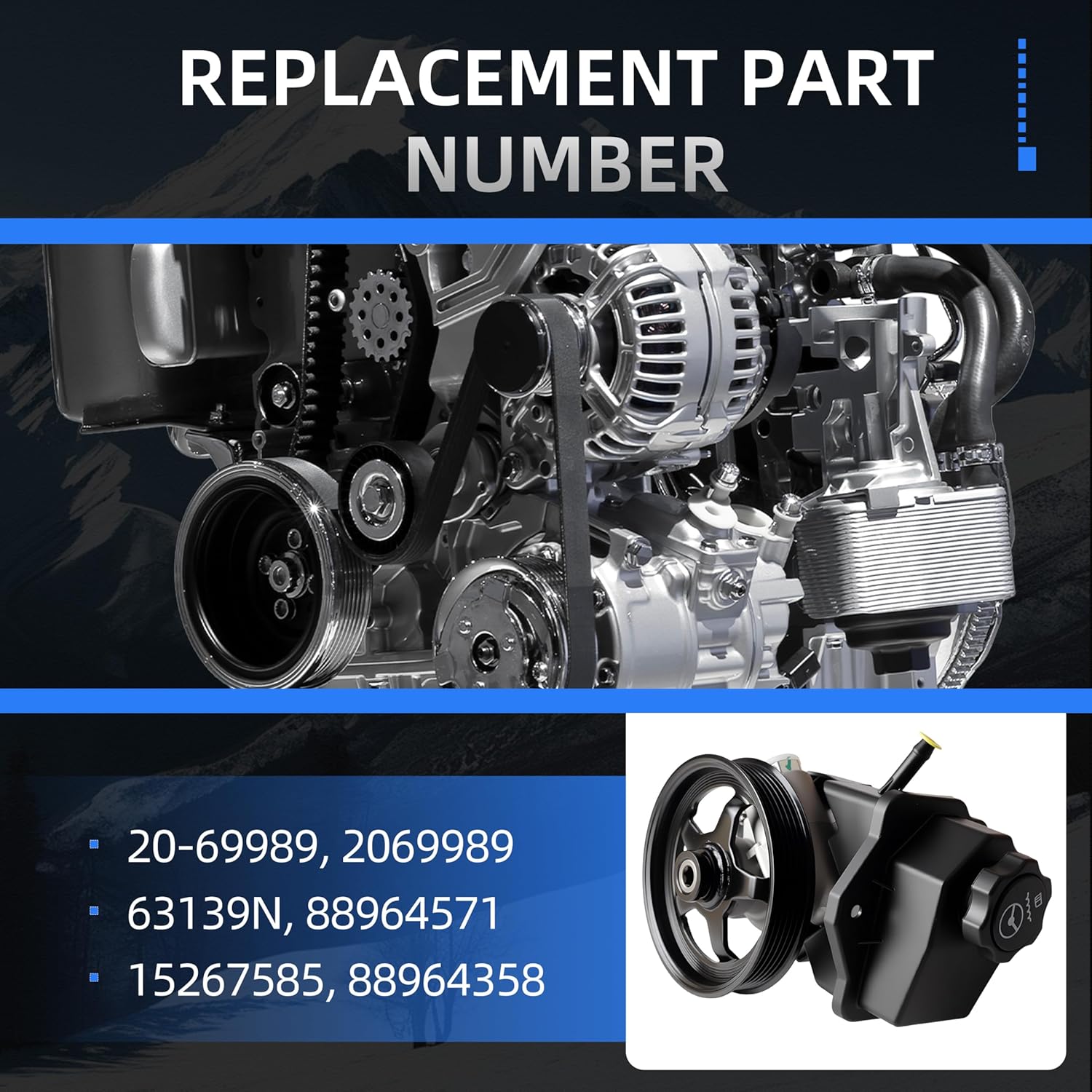 Power Steering Pump with Pulley, 2006-2011 for Chevy Impala, 2006-2007 for Chevy Monte Carlo, V6 3.5L/3.9L, Replace 20-69989, 2069989, 63139N, 88964571, 15267585