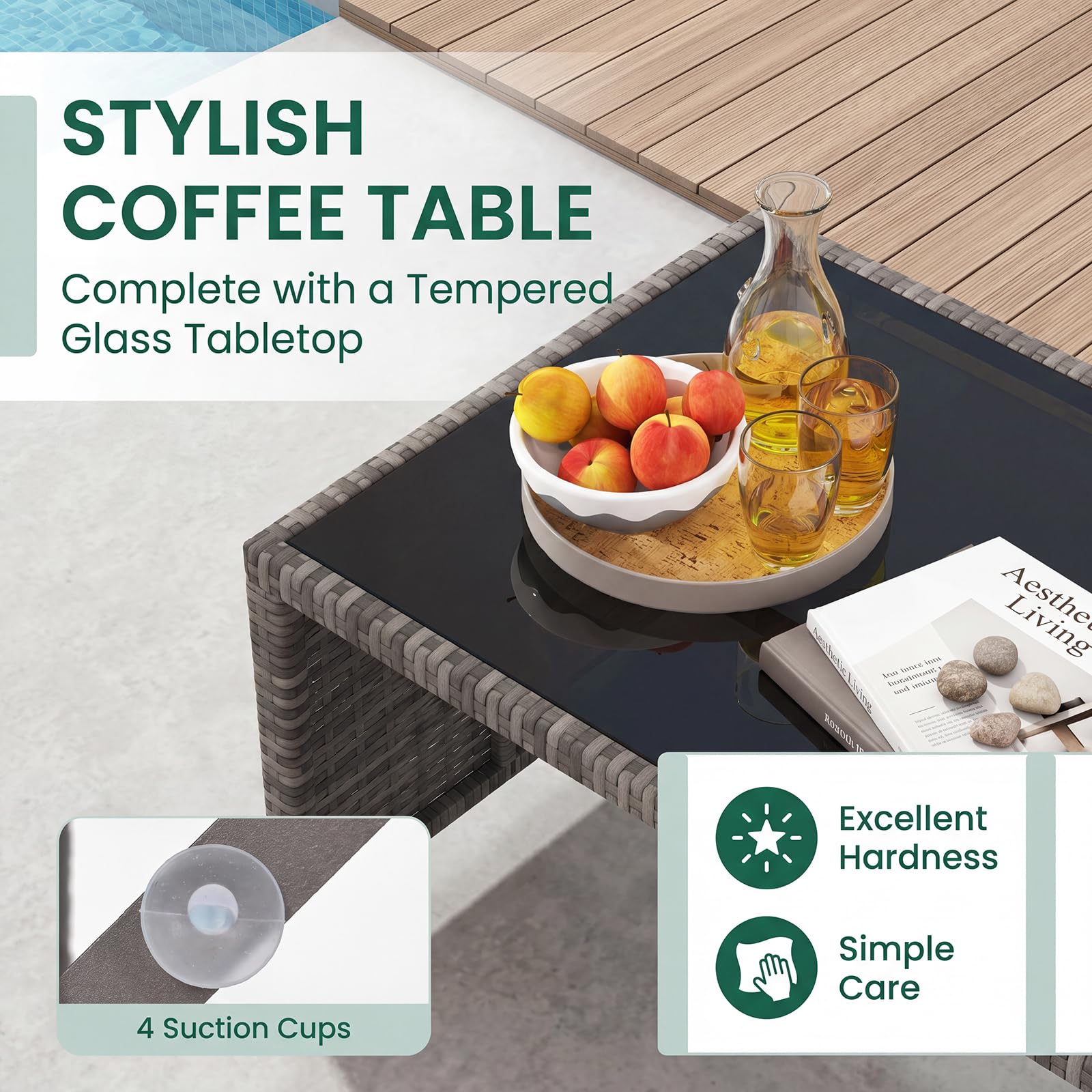 GIANTEX Set di mobili da giardino in rattan, 4 pezzi, divano a 2 posti, 2 poltrone, tavolino con ripiano in vetro, per 4 persone, tavolo e sedie per terrazza, patio (grigio)