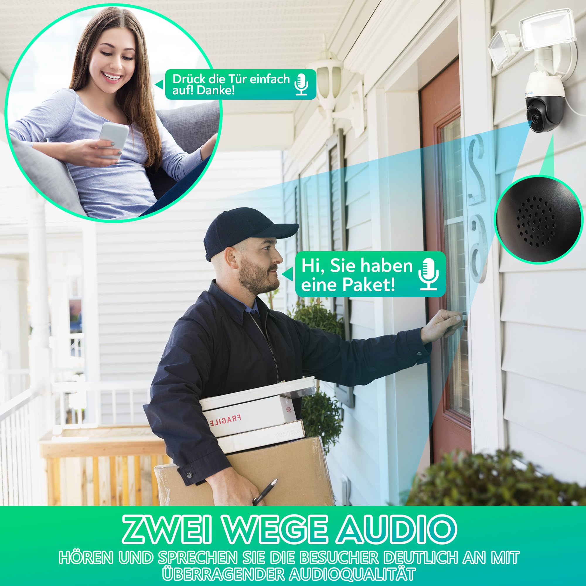 WLAN Überwachungskamera | Sicherheitskamera mit Nachtsicht | Lampe Flutlicht | Kamera Außen Beleuchtung | mit AI Bewegungsverfolgung & App-Steuerung | Smart Home Sprechanlage (mit Netzteil)