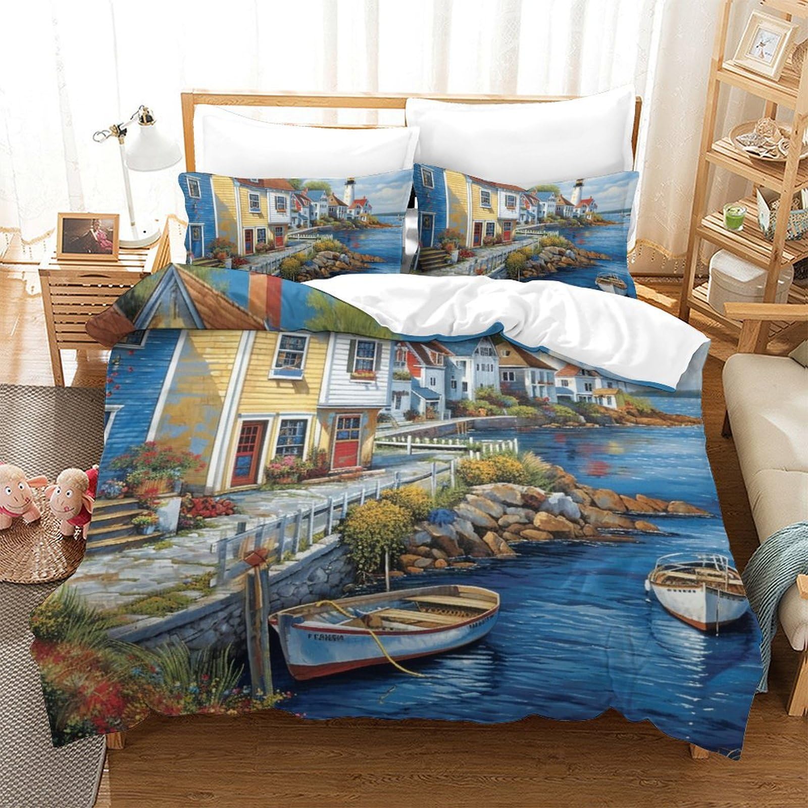 FZALUECVA Seaside Town Duvet Cover Set Bedding Set 3D Microfiber Comforter Cover with Pillow Shams, 2 Piece Set, Zipper Quilt Cover Double（200x200cm）