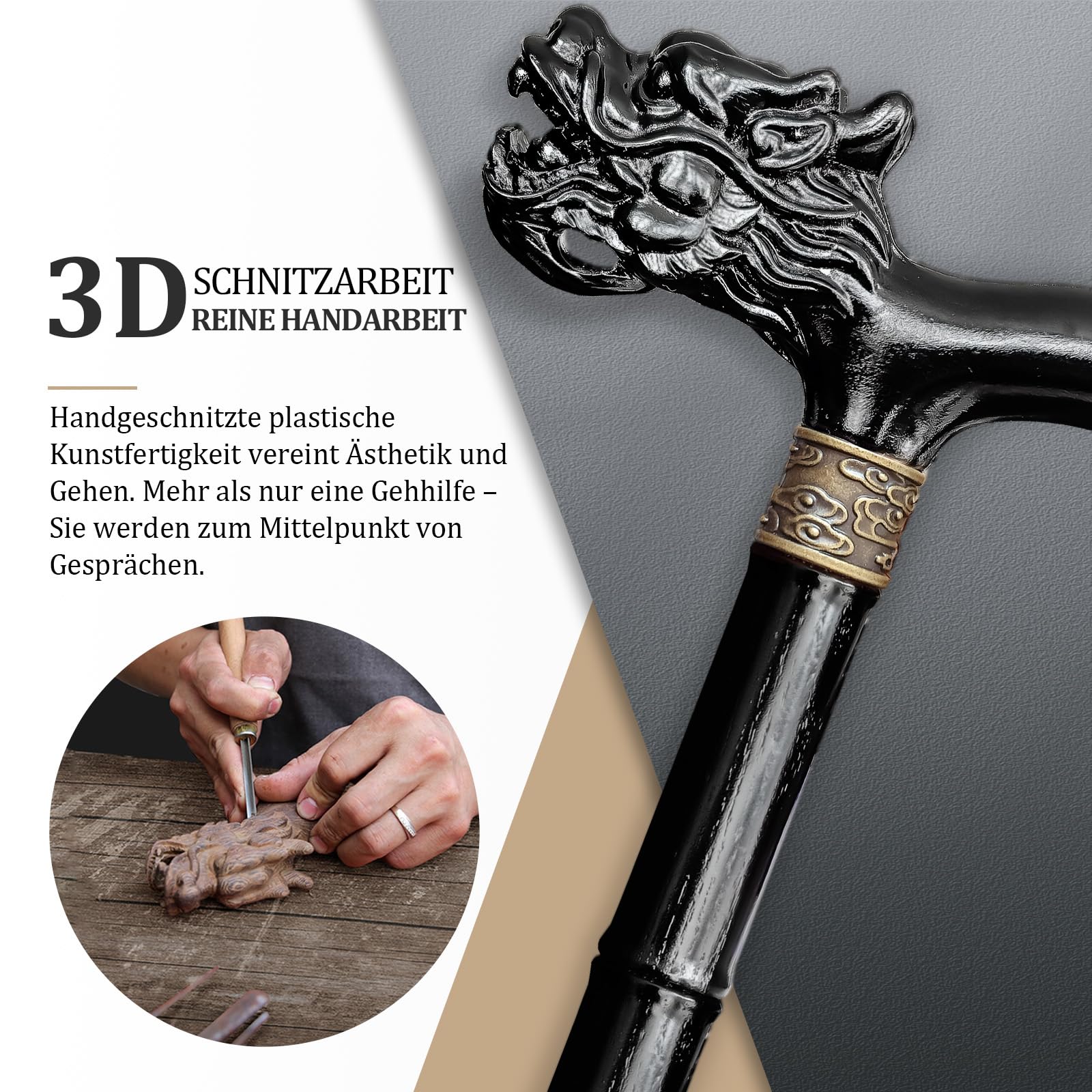 Gehstock Holz, Handgeschnitzter Hochwertiger Gehstock Herren und Damen, Leichtes Design trägt bis zu 226kg Gestöcke für Senioren, Geeignet zum Verschenken