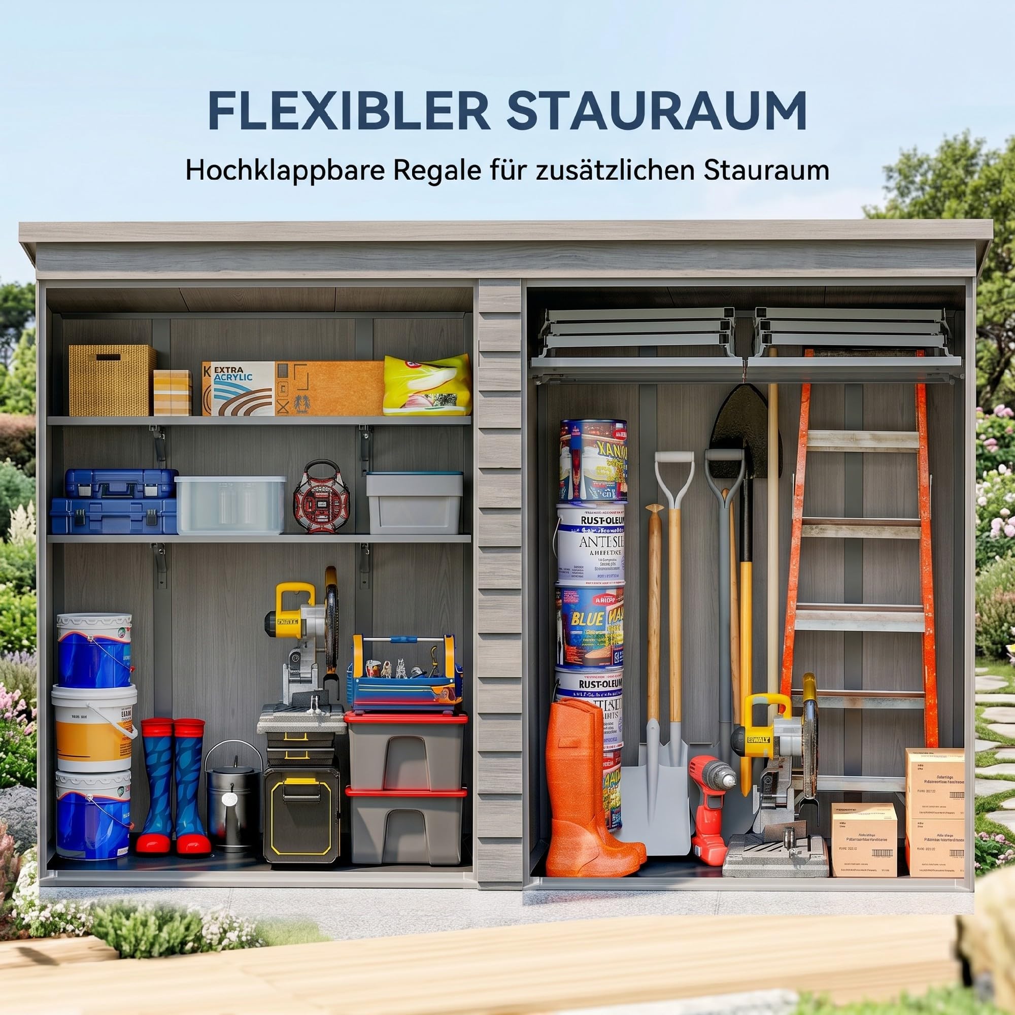 Outsunny Gerätehaus 0,8m² mit Klappbaren Regalen 134 x 68,5 x 170 cm | Kunststoff Gartenschuppen, Schnellmontage, Doppeltür, Boden, Schloss, Handschuhe, Geräteschuppen für Werkzeuge