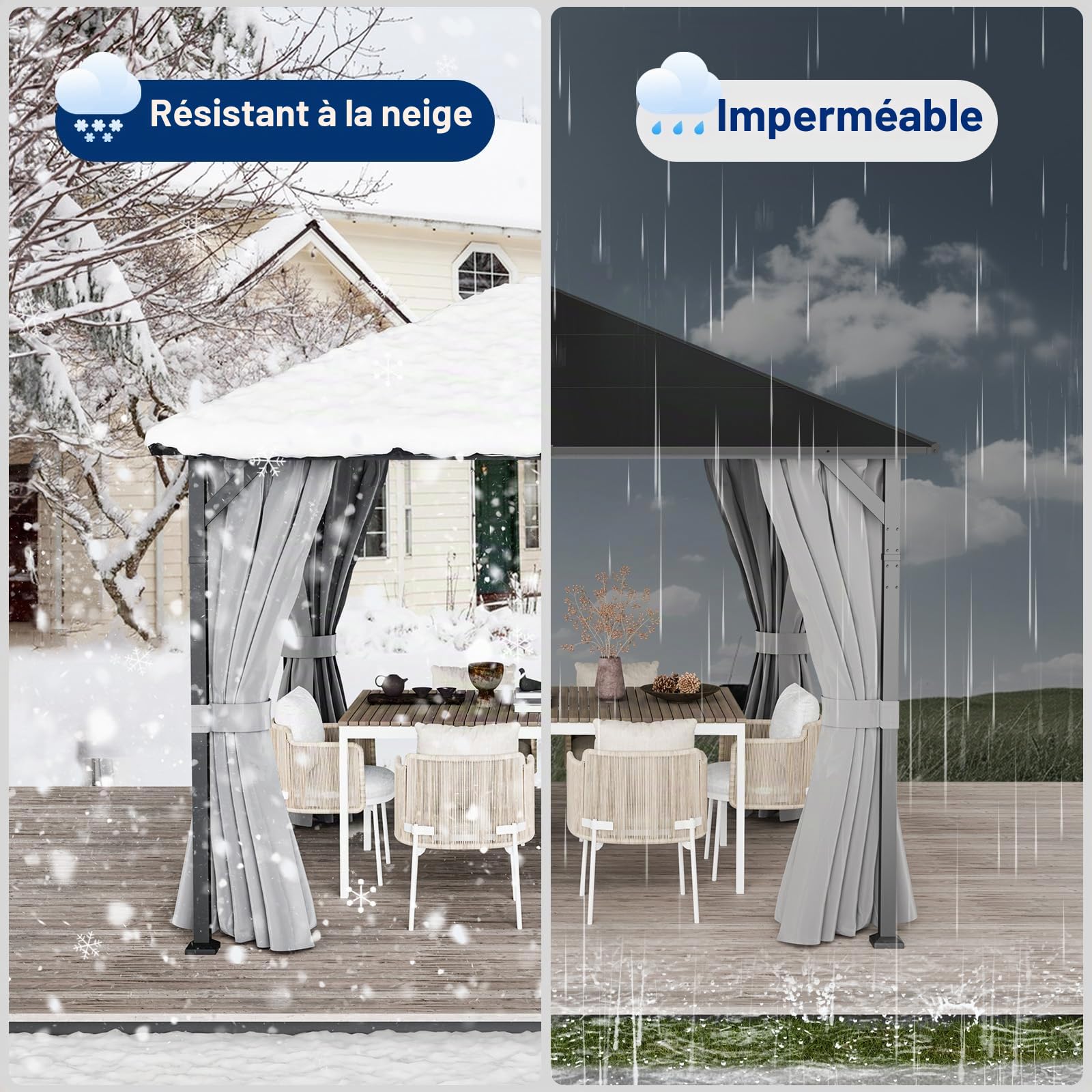 UDPATIO Tonnelle de Jardin 3x3m Imperméable - Toit UV Résistant avec Rideaux, Tonnelle Stabilisée pour Jardin, Terrasse (Gris)