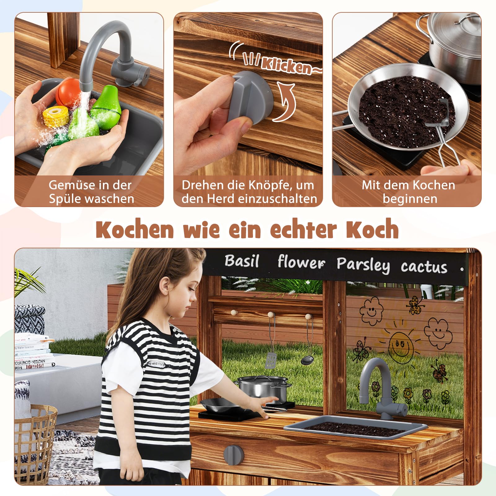 DREAMADE Matschküche Kinder Outdoor, Spielküche aus Tannenholz mit Waschbecken, Wasserhahn, 2 Herden, 2 Kochtöpfen, 4 Pflanztöpfen & Acryltafel, Outdoor-Holzküche für Kinder ab 3 Jahren