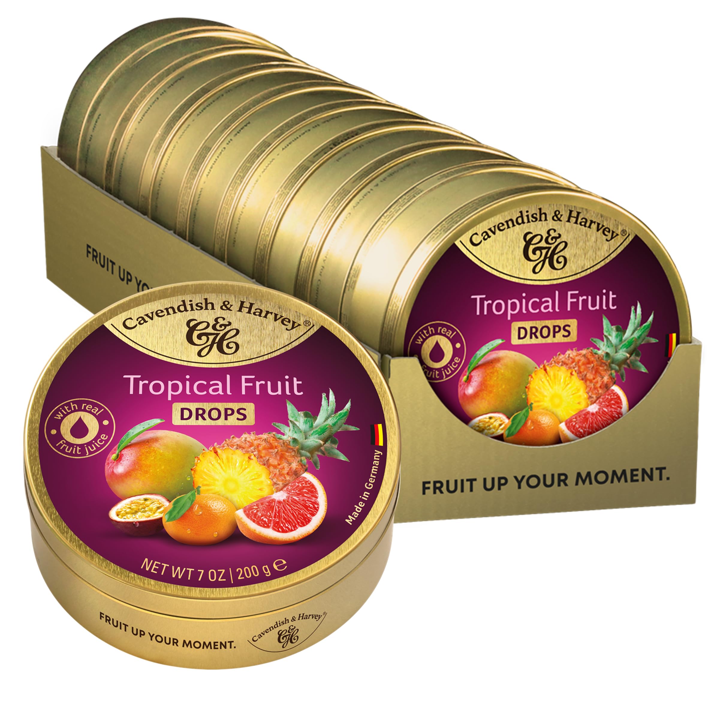 Cavendish & Harvey Tropical Fruit Drops Lot de 9 boîtes de conservation de 200 g | Mangue, pamplemousse, maracuja, kalamansi, ananas | Avec véritable jus de fruits naturels | Végétalien, halal, casher