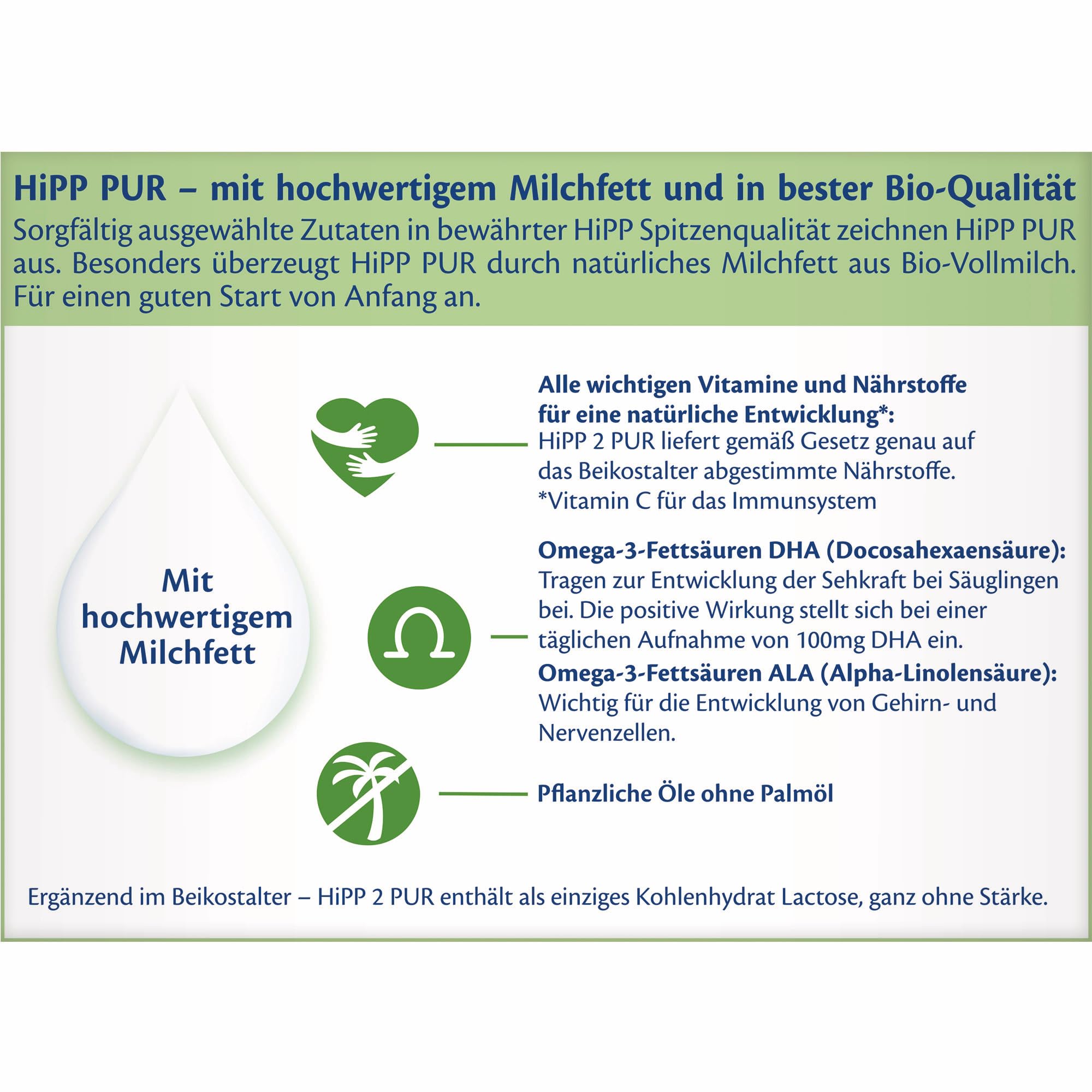 HiPP 2 PUR Folgemilch (5 x 500g), nach dem 6. Monat, mit hochwertigem Milchfett aus Bio-Vollmilch, ohne Palmöl, mit wichtigen Vitaminen & Nährstoffen und Omega 3 (DHA, ALA)