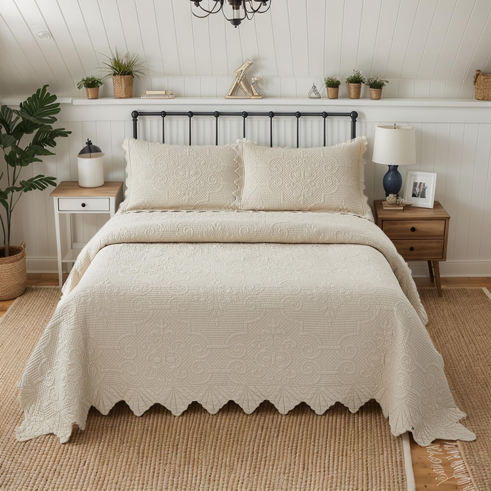 Brandream Queen Size Quilt Set Cotton Beige Quilts Matelasse Coverlet Set Farmhouse Scalloped Edge Quilts 3-Piece