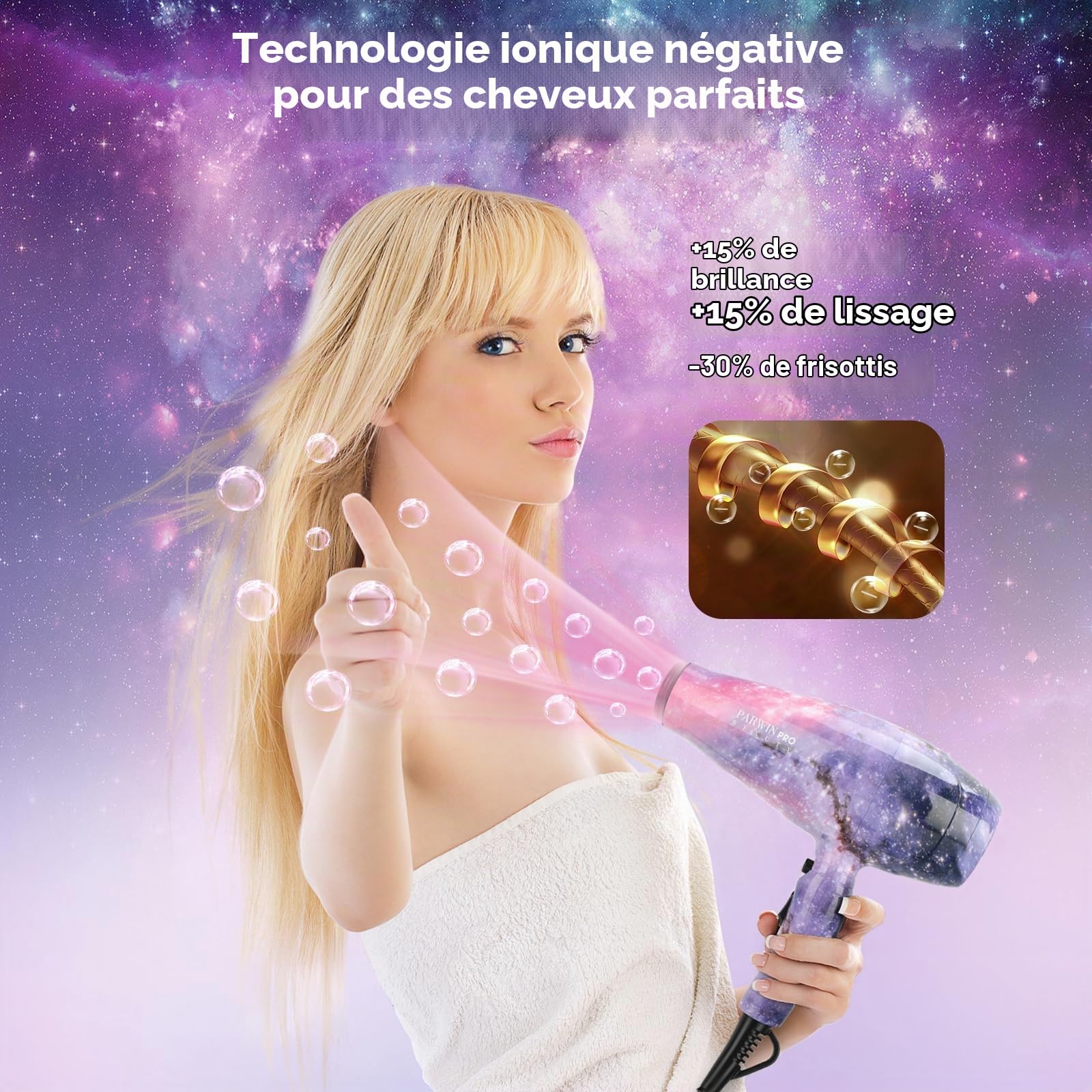 3 EN 1 Sèche Cheveux + Lisseur Cheveux + Boucleur à Cheveux, PARWIN PRO BEAUTY Styling Set, Seche Cheveux Professionnel, Fer à Boucler, Fer à Lisser. Thème Galactic Star, Cadeau Femme
