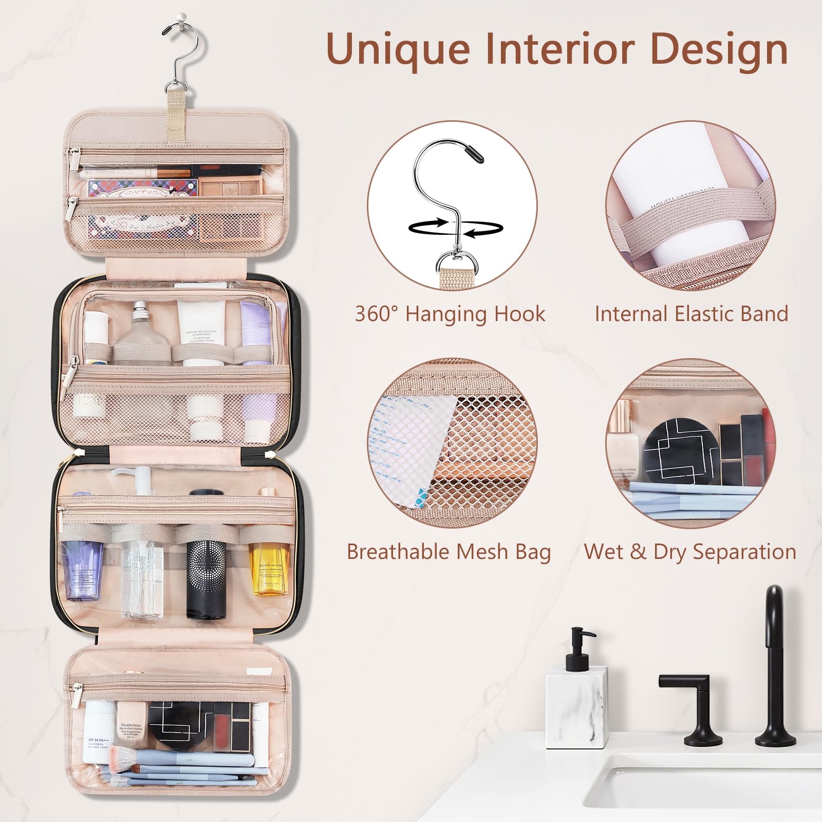 Wedama Neceser para mujer, bolsa de aseo colgante de viaje con compartimento organizador de joyas, bolsa de maquillaje mediana de PVC, impermeable, bolsa de viaje para cosméticos, viajes, camping,