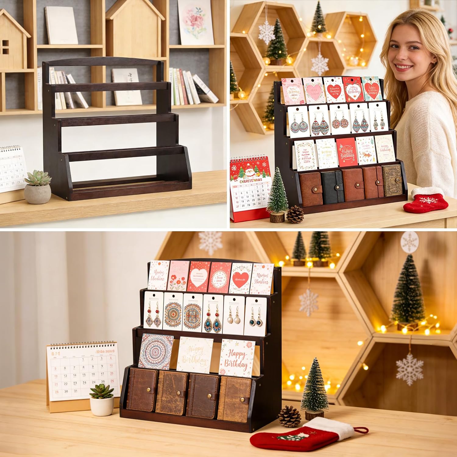 Greeting Card Display Stand - 4-Tier Wooden Countertop Organizer for Craft Shows & Retail | Rustic Postcard Holder, Photos Sticker & Bookmark Display for Vendors