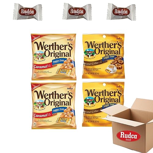 Rudca Food Werther's Original 2 sabores mezclan caramelo sin azúcar, café de caramelo sin azúcar, caramelos duros, 4 bolsas o 1.46 onzas cada una y