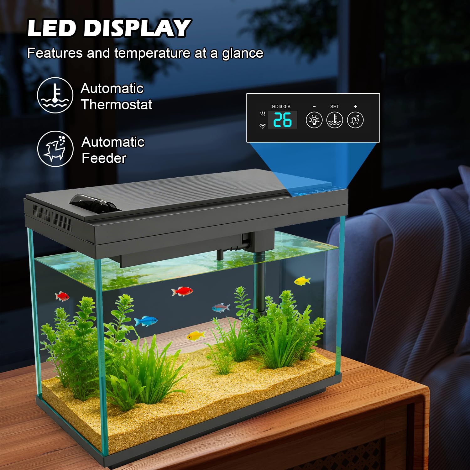 Smart Aquarium - Acquario in vetro da 5 galloni con pompa dell'acqua silenziosa, sistema di autopulizia, filtro efficienza, luci LED a 7 colori, display automatico della temperatura, vetro HD