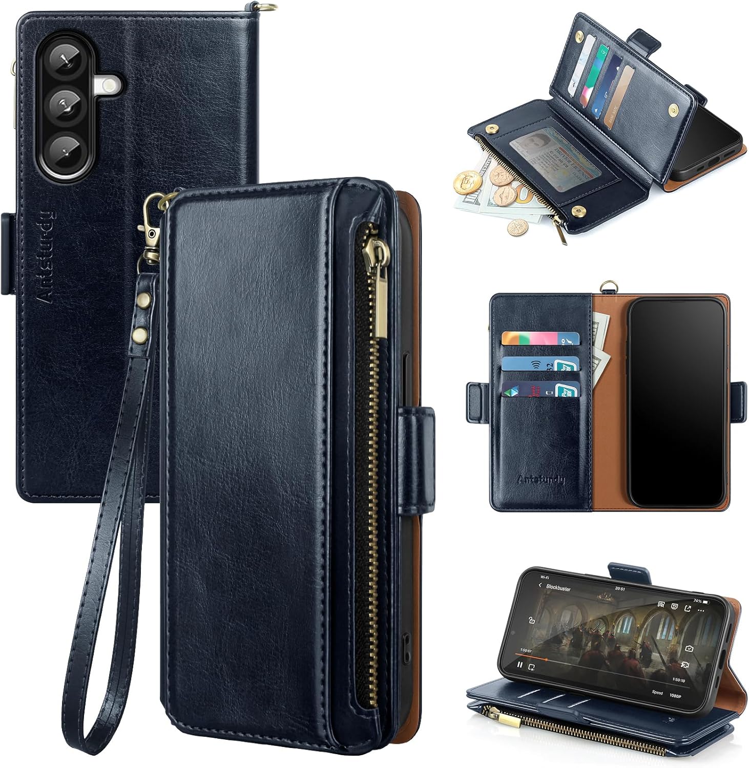Antsturdy Compatible with Samsung Galaxy A36 5G/A56 5G Case Wallet with Card Holder Women Men Phone Case RFID Blocking PU Leather Flip Shockproof Cover Wrist Strap Zipper Credit Card Slots,Dark Blue