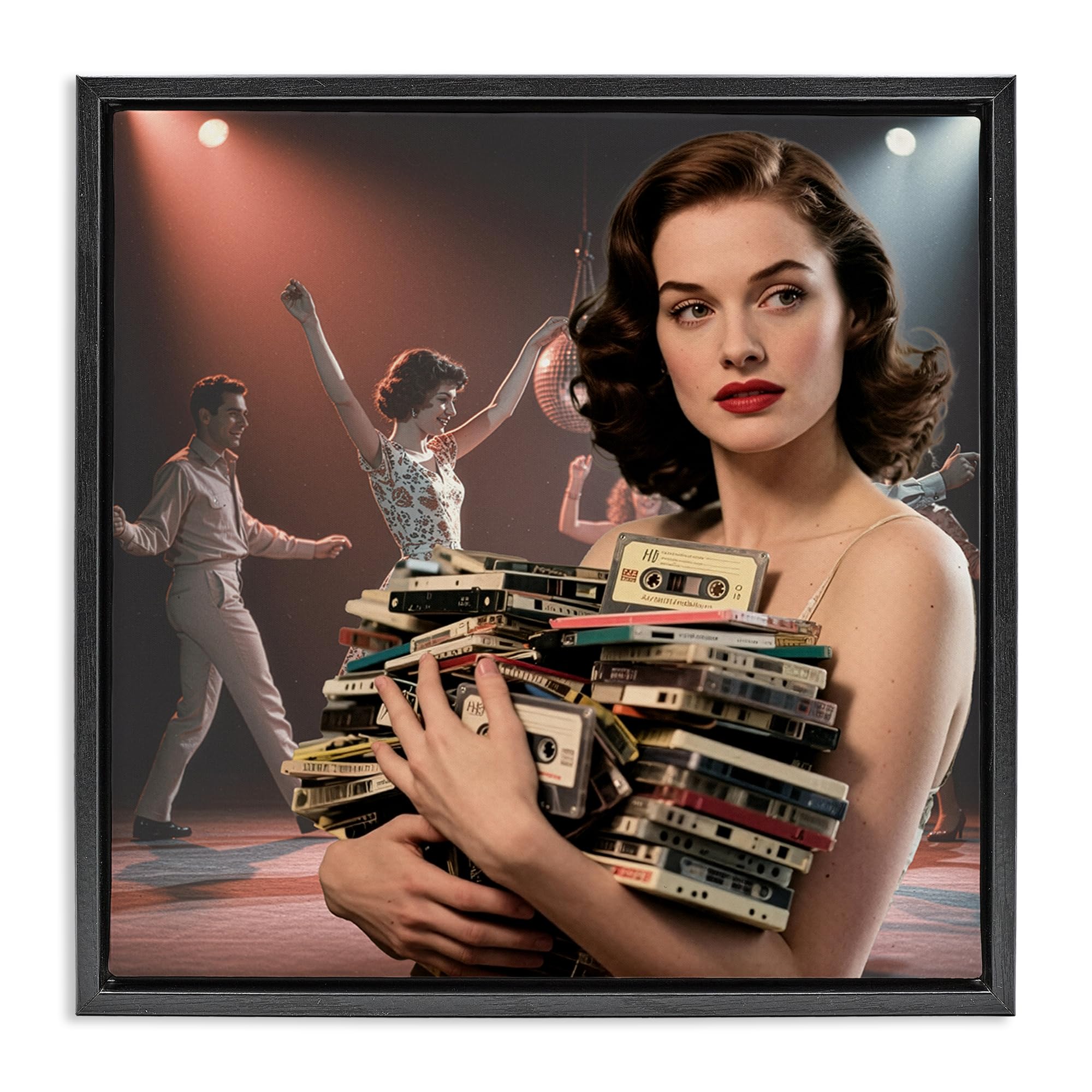 Stupell Industries Jet Black (Matte) 'Woman Holding Vintage Cassette Collection'| Floating Frame Canvas Art