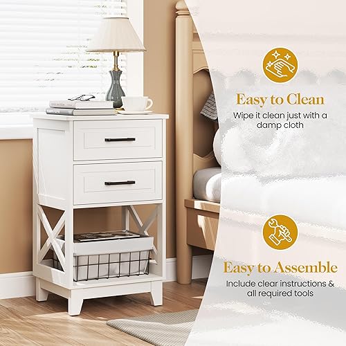 Miniatura 4 de RoyalCraft Mesita de noche alta, mesa auxiliar blanca con 2 cajones y estante abierto debajo, mesita de noche con pies sólidos, mesa auxiliar