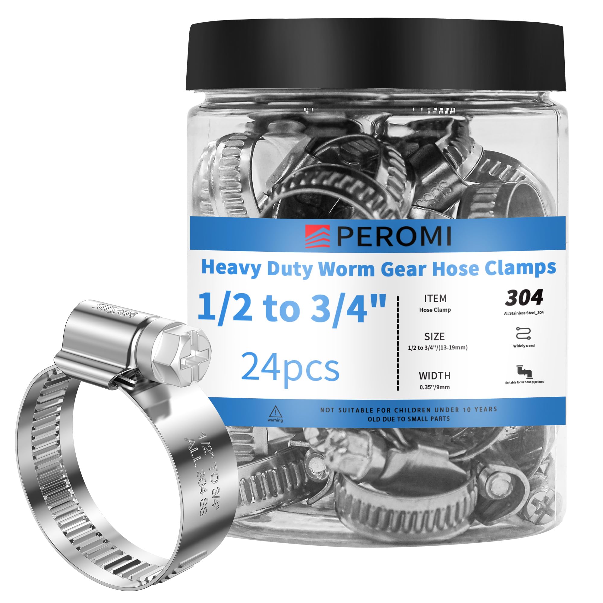 PEROMI 24PCS Heavy Duty Hose Clamps Stainless Steel 304,1/2" Hose Clamp to 3/4" Hose Clamp (13-19mm) Adjustable Worm Gear Drive Small Radiator Hose